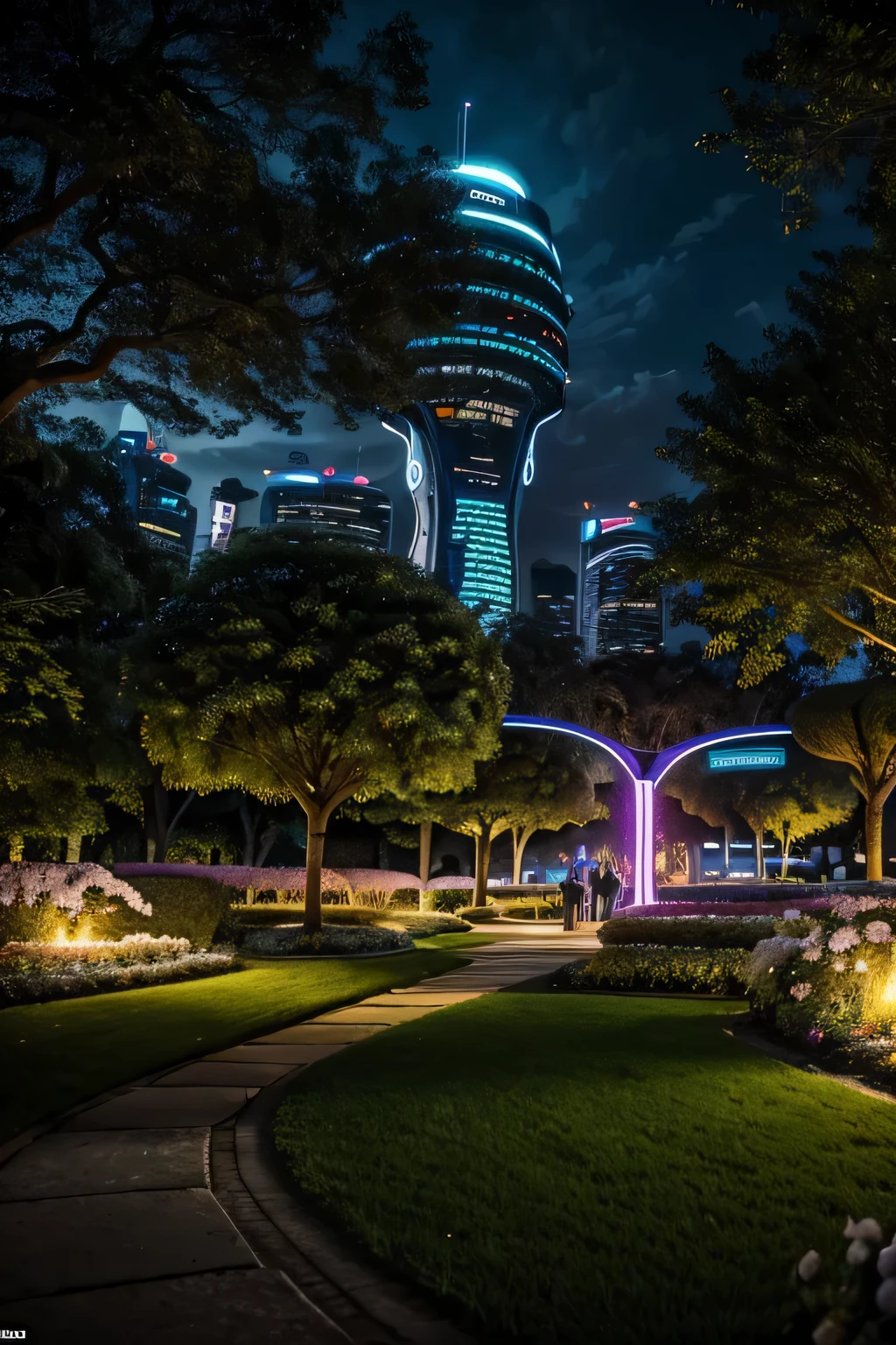 Gere uma imagem extremamente realista e detalhada de uma cena harmonizada. In the composition, visualize um exuberante jardim repleto de arbustos, flowering trees and a cute game in the grass with teddy bears. Ao fundo, retratar uma cidade futurista com carros voadores, modern buildings and a neon light show. Ensure maximum quality, riqueza de detalhes e nitidez, avoiding blur for stunning visual representation.