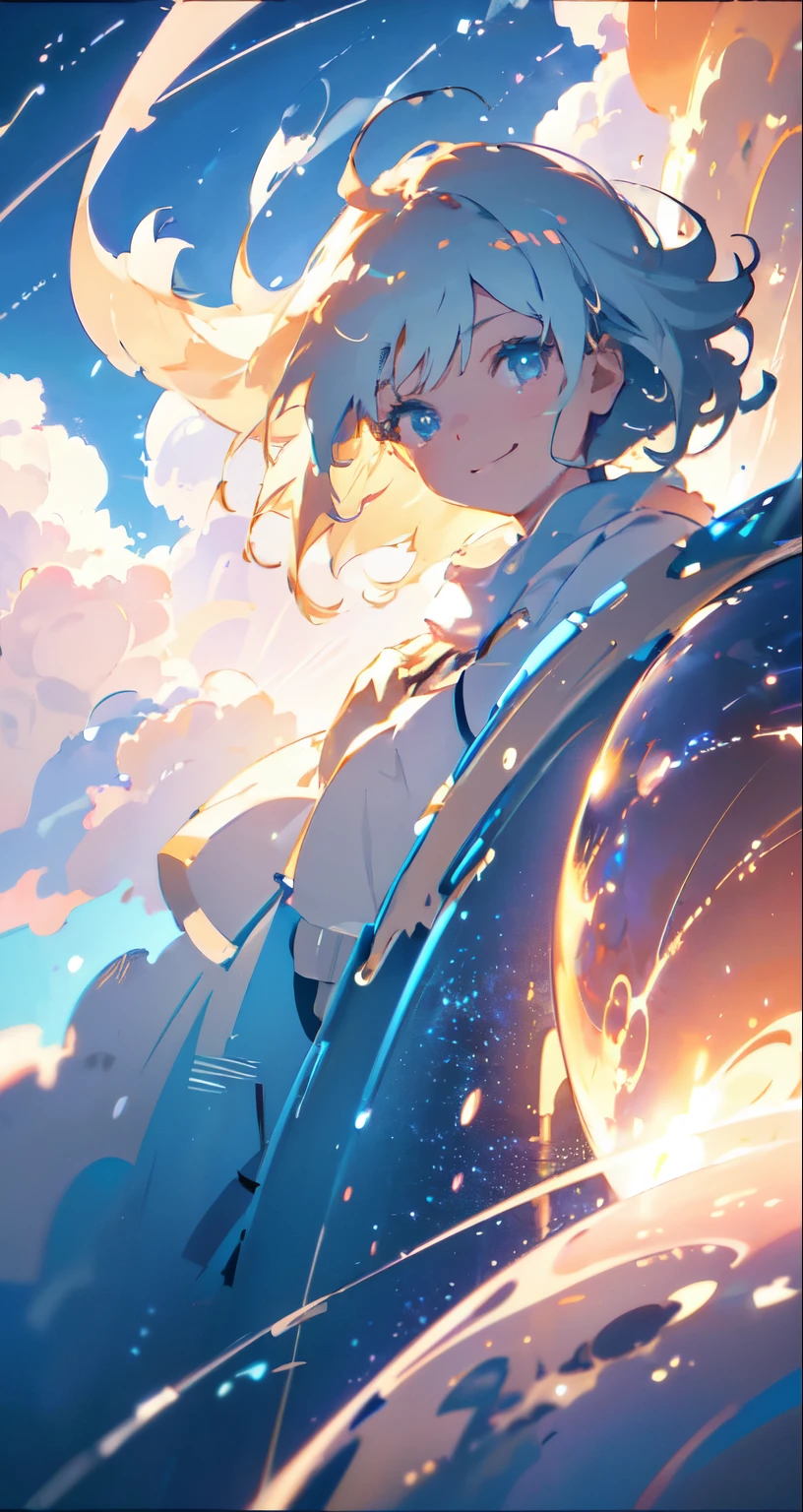 masterpiece, best quality, movie still, 1girl, floating in the sky, cloud girl, cloud, (close-up:1.1), bright, smug, smirk, happy, fun, soft lighting, volumetric lighting, Bauhaus, shapes, lines, abstract