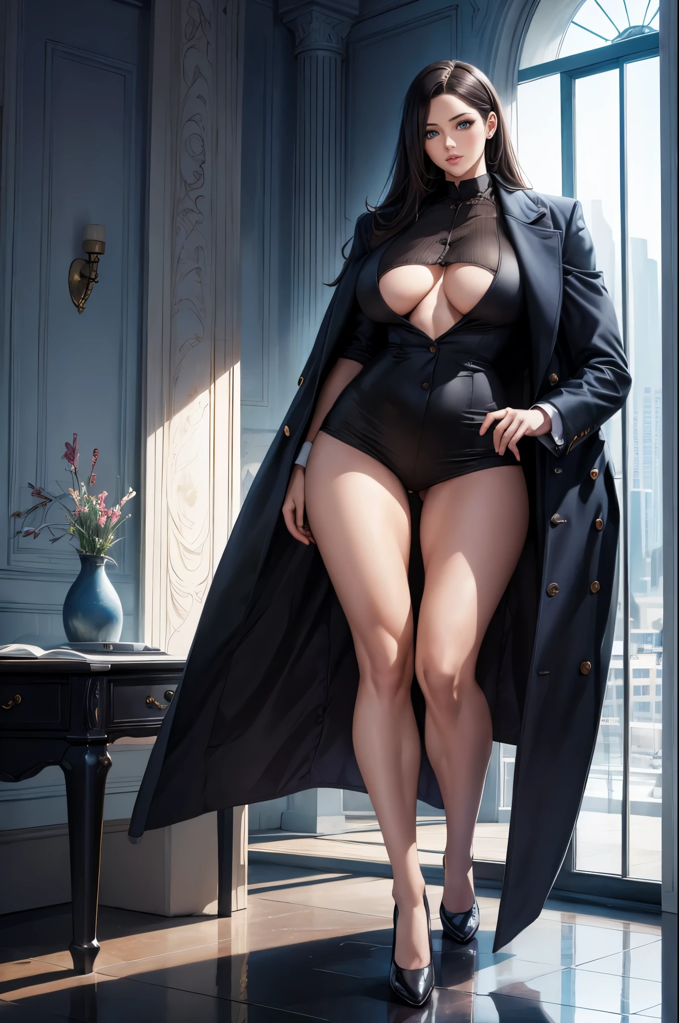 woman,best quality,ultra-detailed,realistic,professional,fullbody image, photography,dark hair,beautiful face,sharp focus,pencil drawing,colorful background,powerful pose,(Shirt:1.2)(No Coat:1.2),small breasts,(No overcoat:1.2),executive office,(muscular Body:1.2,muscular legs:1.2,athetic body),concrete floor,luxurious interior,high ceilings,large windows,sunlight streaming in,dynamic lighting,soft shadows,stylish,modern,subtle colors,vibrant colors,bold composition,strong posture,eye-catching,attention-grabbing,high contrast,impeccable details,masterpiece:1.2.
