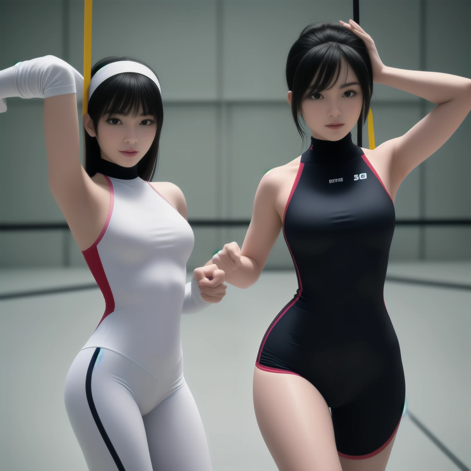 (Masterpiece, best quality), Two dynamic women in their prime, 25-year-old and 28-year-old, engage in an intense fencing competition. They wear fitted athletic attire and fencing mask, showcasing their toned figures and agility.
