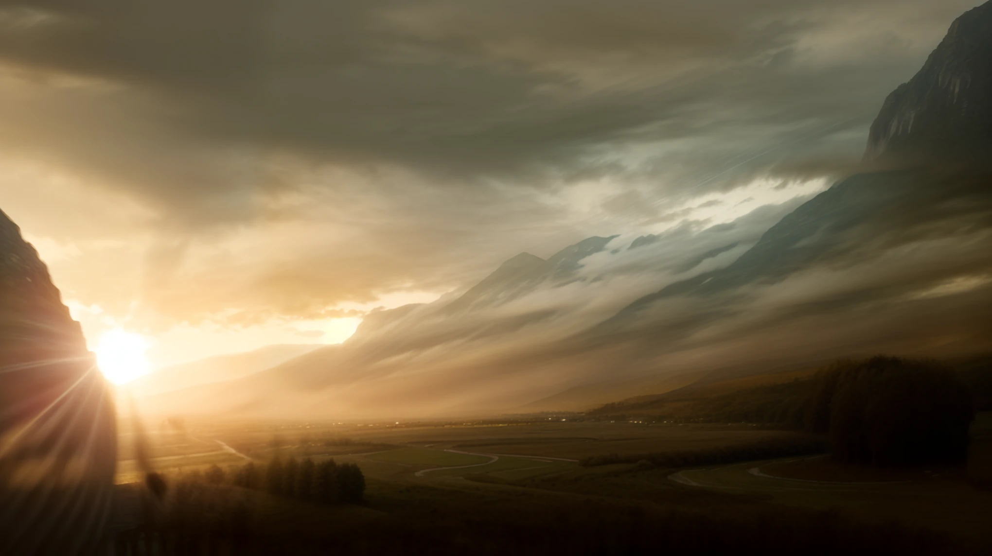 panoramic view of a mountain with a river and a sunset, pintura fosca com foco suave, extreme desfoque de movimento, desfoque de movimento, desfoque de movimento, desfoque de velocidade, em impressionante pintura digital, pintura fosca, heavy desfoque de movimento, Tilt Blur, obturador lento, obturador lento speed, massive desfoque de movimento, soft desfoque de movimento, panoramic shot, campo - desfoque, atmospheric. pintura digital