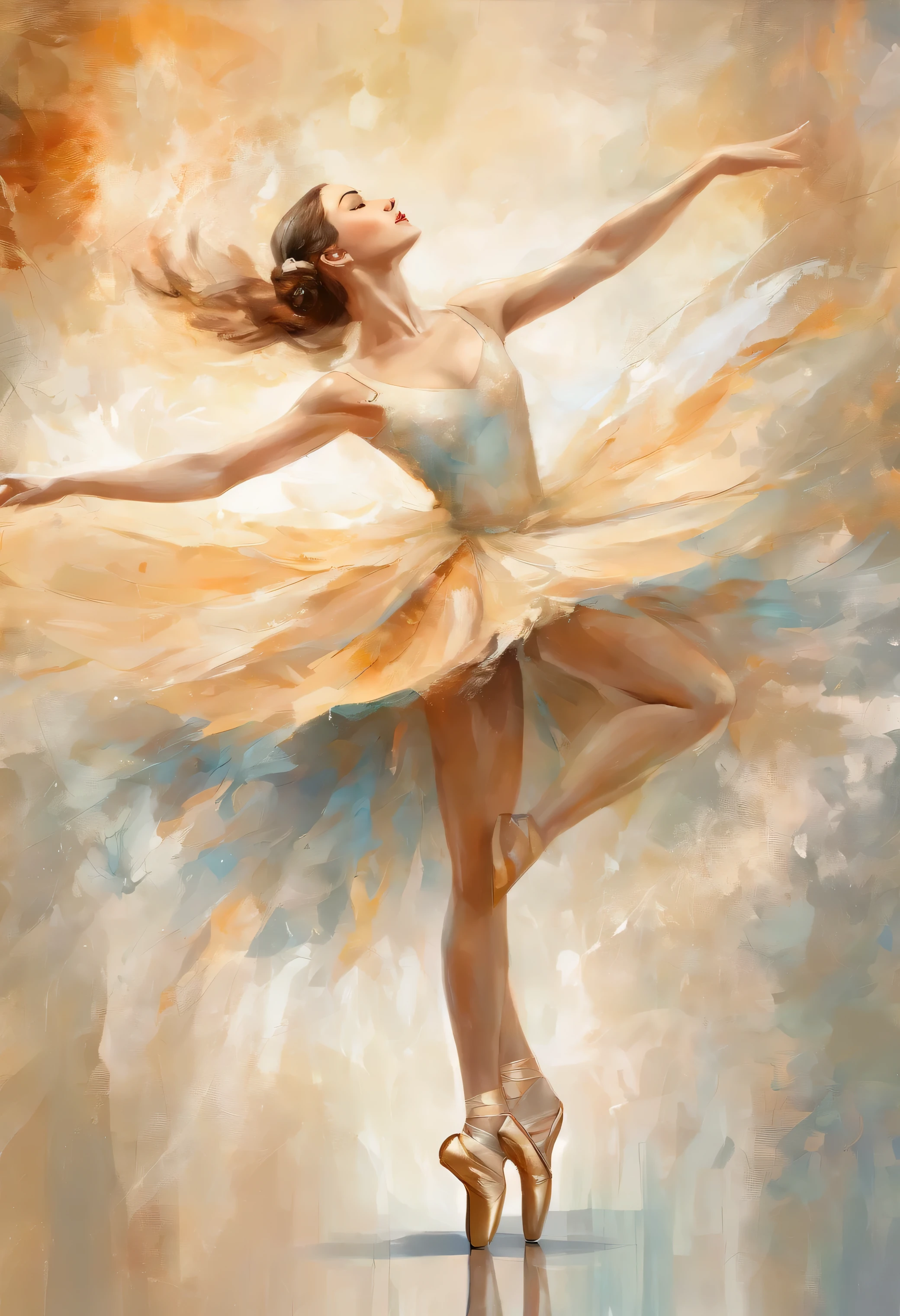 Artwork of a ballet dancer doing a pirouette, perfect body shape, sketch, splatter art, cracked paint, drawing, or watercolor artwork impasto style. Perfect reflections. Abstract impasto background, beige color only
