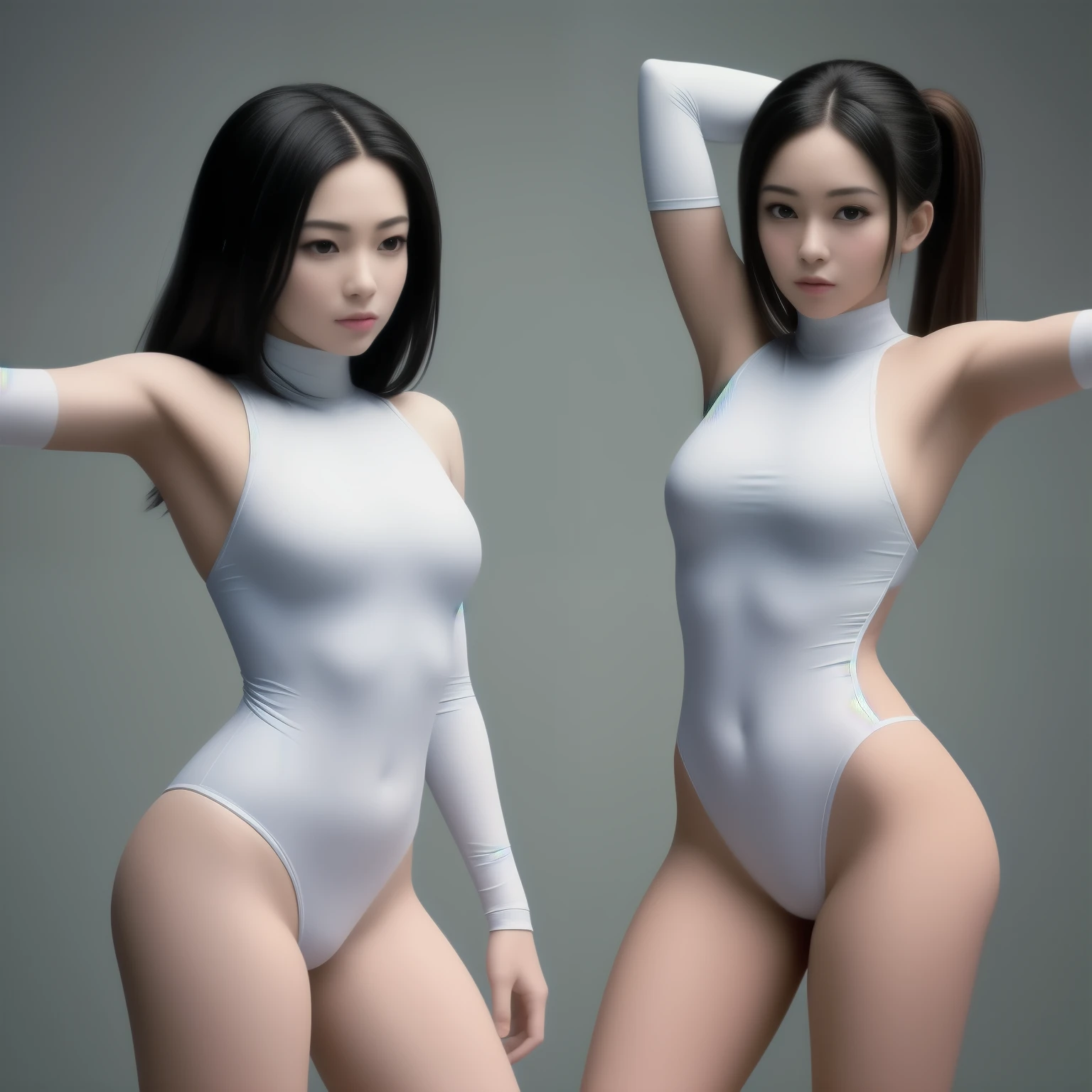 (Masterpiece, best quality), Two dynamic women in their prime, 25-year-old and 28-year-old, engage in an intense fencing competition. They wear fitted athletic attire and fencing mask, showcasing their toned figures and agility.