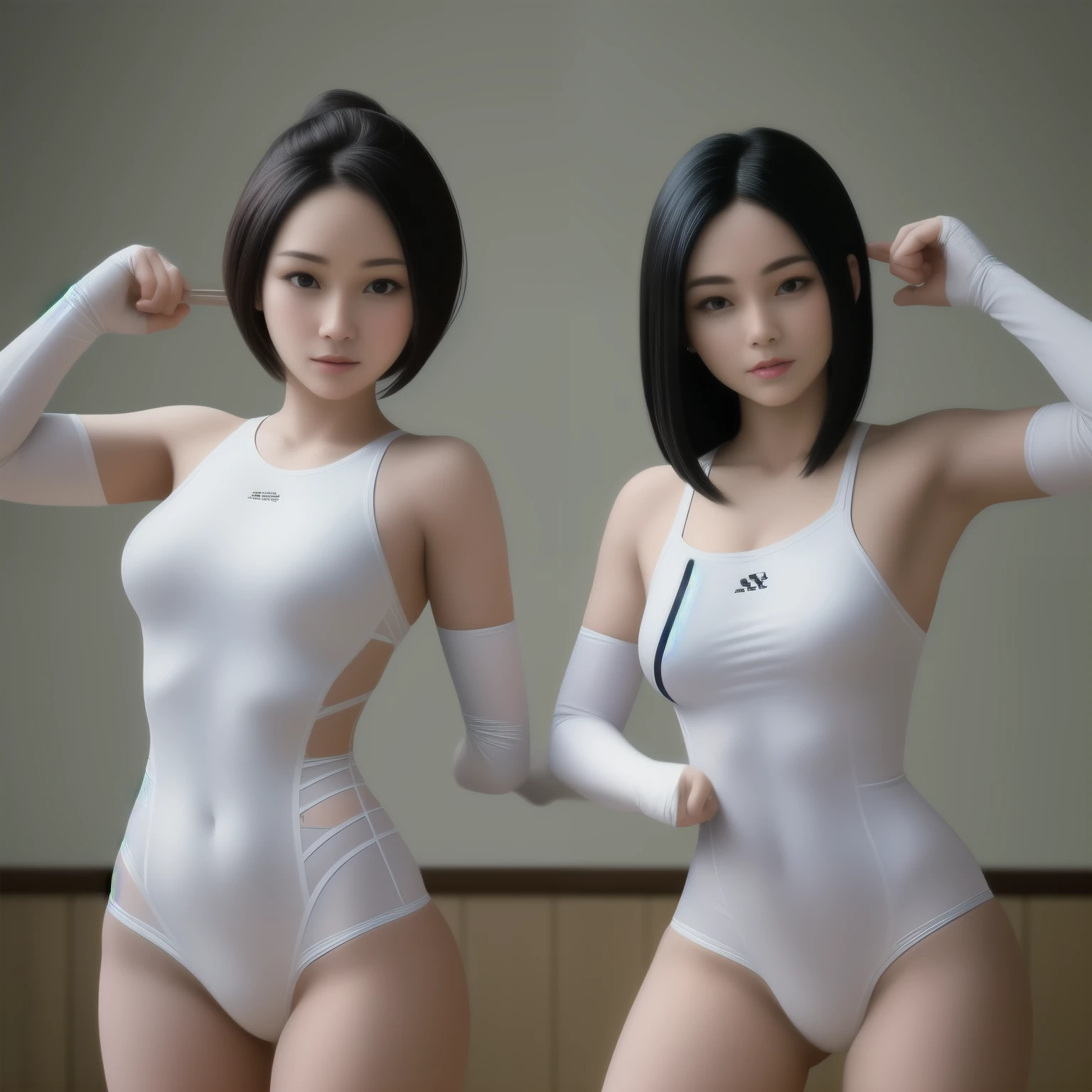(Masterpiece, best quality), Two dynamic women in their prime, 25-year-old and 28-year-old, engage in an intense fencing competition. They wear fitted athletic attire and fencing mask, showcasing their toned figures and agility.