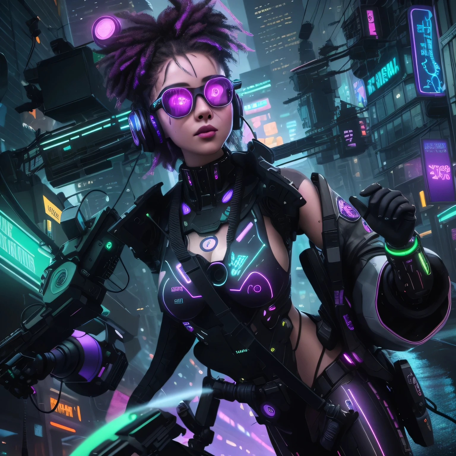 (best quality,4k,8k,high resolution,masterpiece:1.2),super detailed,(actual,photoactual,photo-actual:1.37),cyberpunk,cybernetic street informant,Vibrant neon lights,Urban dystopia,futuristic cityscape,Skill improvement,Massive data flow,Cyborg enhancements,Girl wearing neon hair and augmented reality glasses,Wearing futuristic clothes,Take confident steps,She has cybernetic implants in her arms and legs,Focus on her holographic smartphone,Glowing neon advertising virtual reality experience,Countless hovering drones capture bustling urban life,high-rise building,Holographic ads projected into the sky,Flying car flies between skyscrapers,Cybernetic implants in her eyes reflect city lights,Detailed facial features with glowing purple cybernetic tattoo,People wear various augmented reality devices,Gravel Alley,Streetlights and shadows flicker,Protruding architectural silhouette emphasizes technical landscape,Steam rising from sewer grates adds to the futuristic atmosphere,Faded graffiti art on a nearby wall depicts resistance to oppressive systems,Melancholy and rebellious atmosphere,Colorful lights reflect on the wet road,Create a hyper-reality for your audience、Immersive experience.