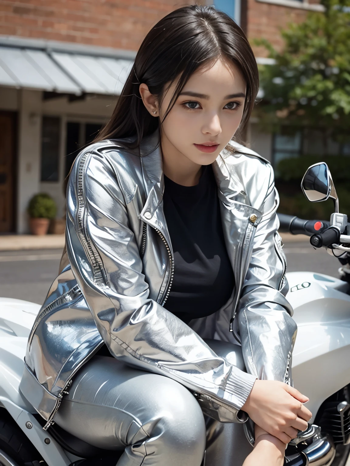  (realistic:1.5), 8k, Super delicate beauty, 1 girl, intricate body details, (short: 1.3), (highest quality: 1.0), (Super high sharpness: 1.0),（Beautiful and delicate depiction of eyes）,((((ride a motorcycle)))),unreal engine:1.4, photorealistic:1.4, skin texture:1.4, masterpiece:1.8,highest quality、smile、long limbs、((silver jacket and long pants))