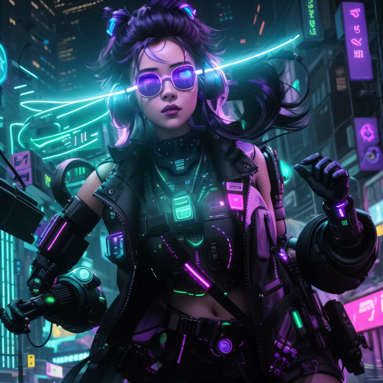 (best quality,4k,8k,high resolution,masterpiece:1.2),super detailed,(actual,photoactual,photo-actual:1.37),cyberpunk,cybernetic street informant,Vibrant neon lights,Urban dystopia,futuristic cityscape,Skill improvement,Massive data flow,Cyborg enhancements,Girl wearing neon hair and augmented reality glasses,Wearing futuristic clothes,Take confident steps,She has cybernetic implants in her arms and legs,Focus on her holographic smartphone,Glowing neon advertising virtual reality experience,Countless hovering drones capture bustling urban life,high-rise building,Holographic ads projected into the sky,Flying car flies between skyscrapers,Cybernetic implants in her eyes reflect city lights,Detailed facial features with glowing purple cybernetic tattoo,People wear various augmented reality devices,Gravel Alley,Streetlights and shadows flicker,Protruding architectural silhouette emphasizes technical landscape,Steam rising from sewer grates adds to the futuristic atmosphere,Faded graffiti art on a nearby wall depicts resistance to oppressive systems,Melancholy and rebellious atmosphere,Colorful lights reflect on the wet road,Create a hyper-reality for your audience、Immersive experience.