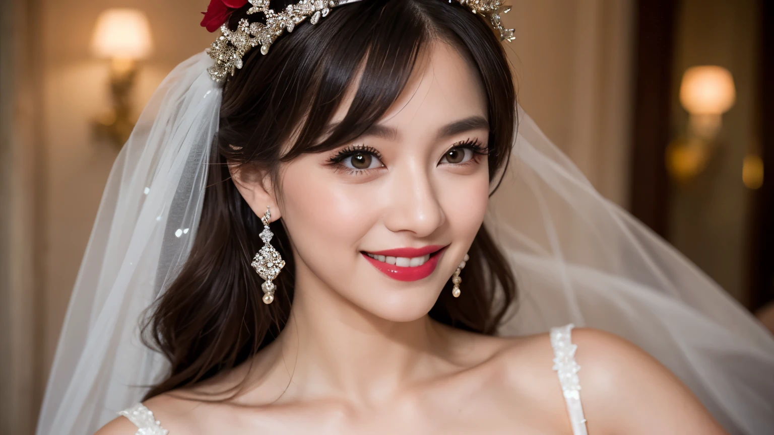 ((best quality)), ((masterpiece)), (detailed), perfect face, american wedding dress, 4K, Big Boobies, straight hair, blue eays, red lipstick, Smile, white body, full body, wedding Crown on hed, costly wedding decoration, happy pose