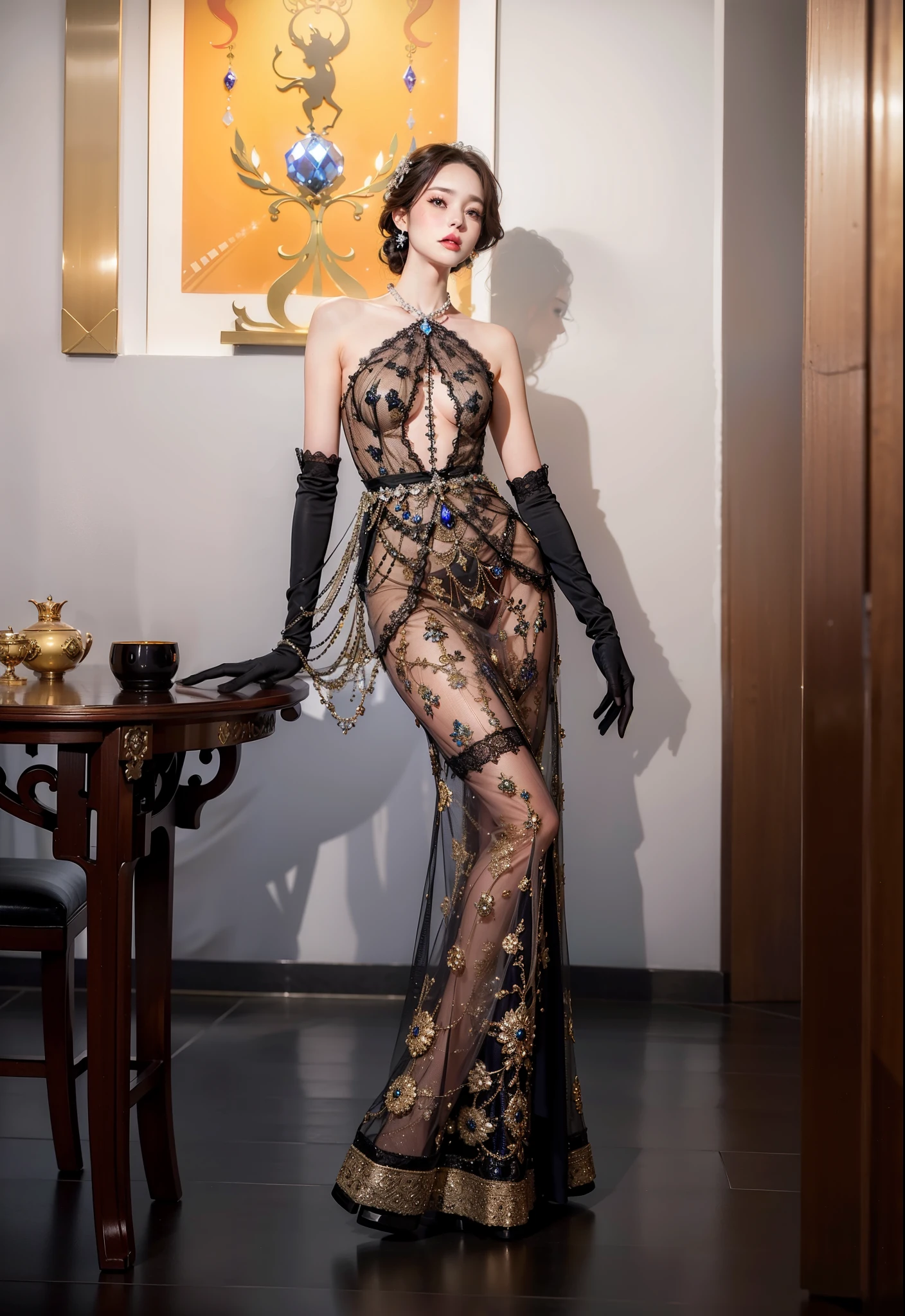 Royal sister,exquisite eyes,Detailed facial expressions body,tall figure,Leg length,4k,HD,translucent lace,Fair and plump figure,pretty face,Little cherry mouth,beautiful and delicious(3D royal sister),exquisite dress,Wear crystal jewelry,Gorgeous Sapphire Crystal Diamond Pearl Gown,long skirt