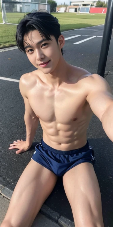 Top quality, ultra high resolution, very detailed, (photorealistic: 1.4), dynamic angle, very handsome, perfect face, model shooting, full body, flying in the sky, naughty 25 years old Japan man, shirtless, soccer socks, soccer pants, selfie, (aegyo sal: 0.2), perfect body, (blue shaved side hair: 1), smile, natural light,