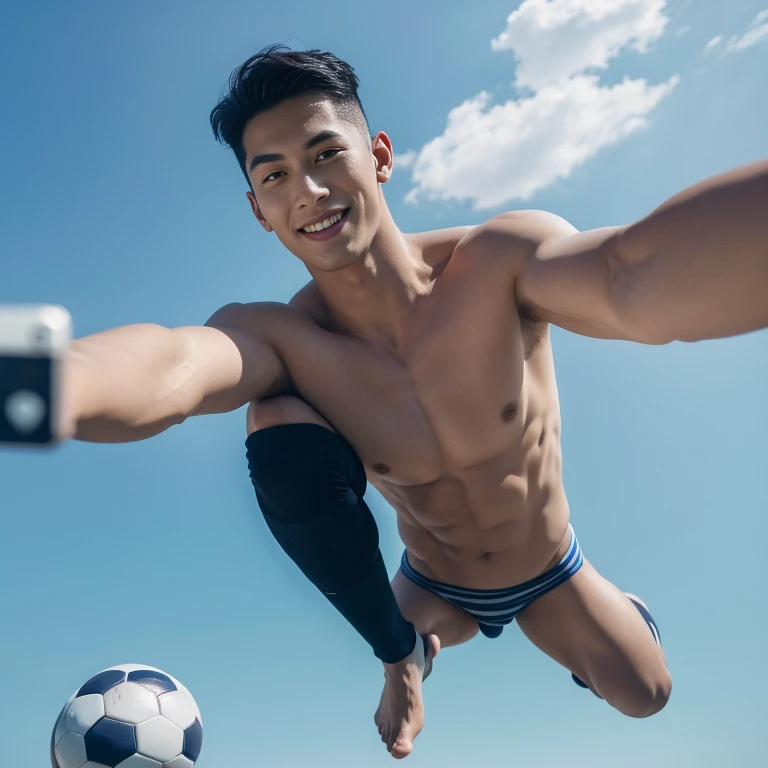 Top quality, ultra high resolution, very detailed, (photorealistic: 1.4), dynamic angle, very handsome, perfect face, model shooting, full body, flying in the sky, naughty 25 years old Japan man, shirtless, soccer socks, soccer pants, selfie, (aegyo sal: 0.2), perfect body, (blue shaved side hair: 1), smile, natural light,
