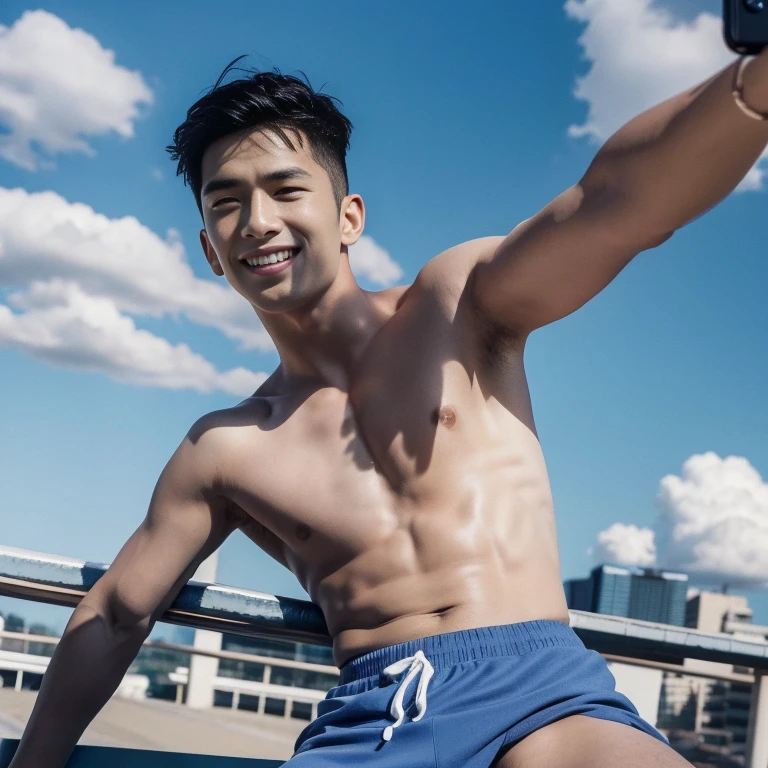 Top quality, ultra high resolution, very detailed, (photorealistic: 1.4), dynamic angle, very handsome, perfect face, model shooting, full body, flying in the sky, naughty 25 years old Japan man, shirtless, soccer socks, soccer pants, selfie, (aegyo sal: 0.2), perfect body, (blue shaved side hair: 1), smile, natural light,