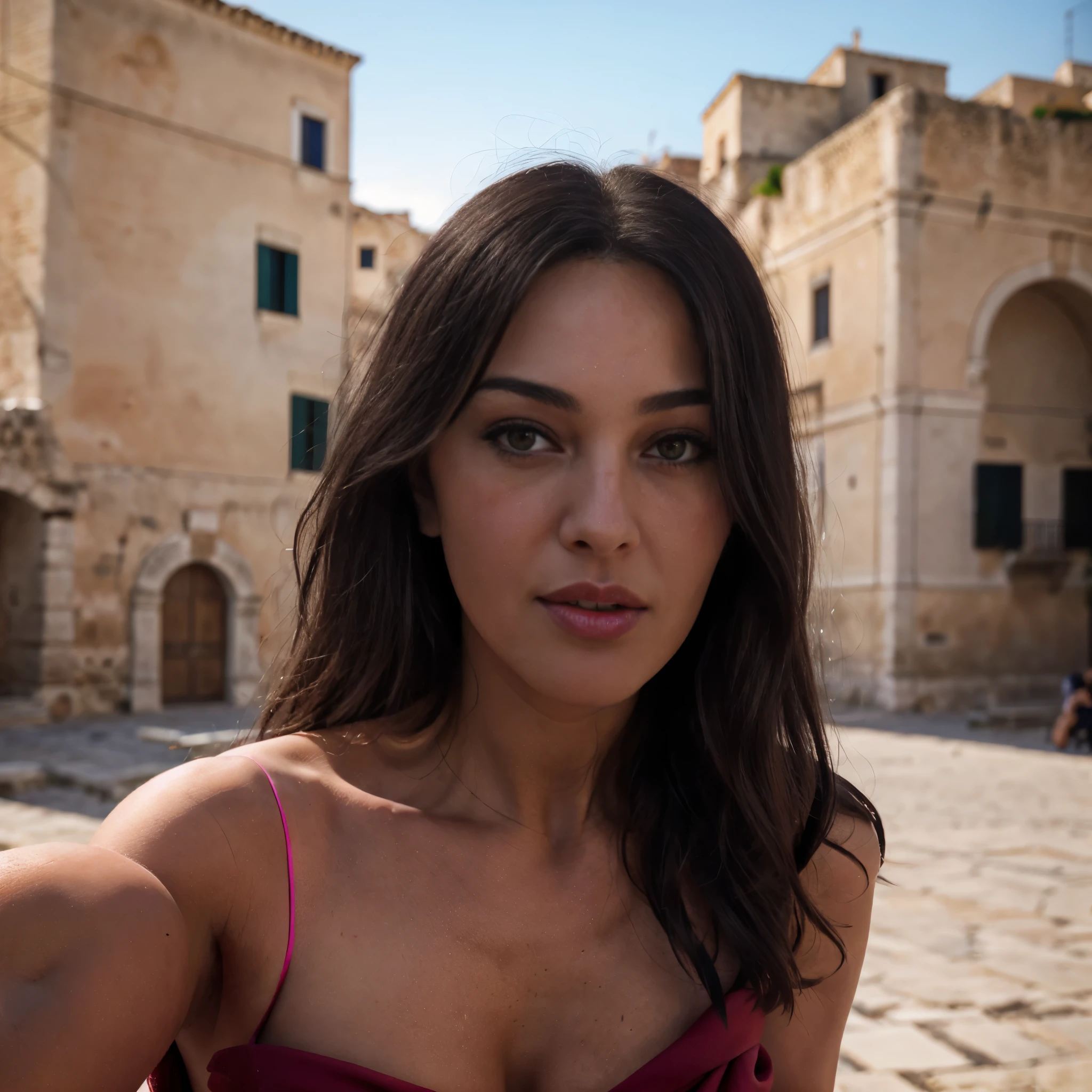 m0nic4, bellucci, monica_bellucci, a woman with long black hair posing for a picture. Portrait photo. Alluring expression, looking at viewer, open dark brown eyes, perfect beautiful face. Perfect lips with pink lipstick. Slightly open mouth. Red dress, Bare shoulders, hand behind head, blurred sassi_di_matera in background. (YES SFW)