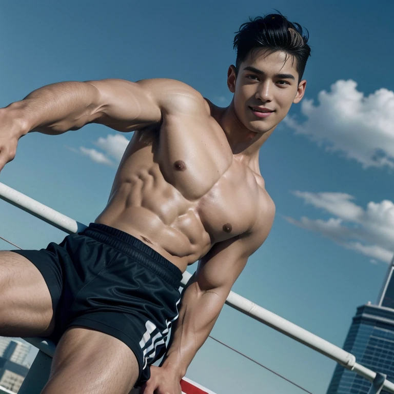 Top quality, ultra high resolution, very detailed, (photorealistic: 1.4), dynamic angle, very handsome, perfect face, model shooting, full body, flying in the sky, naughty 25 years old Japan man, shirtless, soccer socks, soccer pants, selfie, (aegyo sal: 0.2), perfect body, (blue shaved side hair: 1), smile, natural light,
