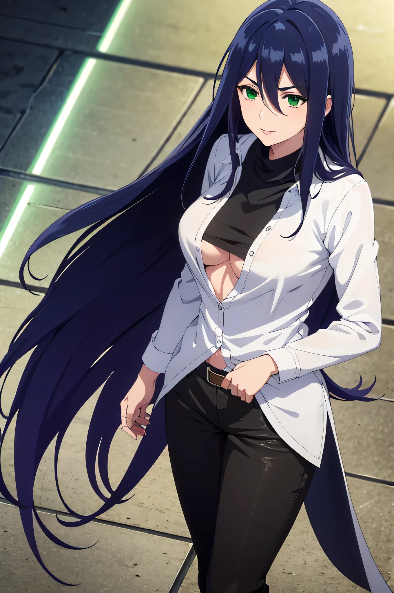 heodoradephilo, theodora dephilo, long hair, black hair, hair between eyes, very long hair, (green eyes:1.3),Sex, hooligan, waist, legsupms, buttocks, pectorals, Camera from above, Frame from above, the night, Lights, looks at the viewer, ssmile, grin, criminal, laughting, shirt unbuttoned, handsome body(Perfect Anatomy 1.1), medium chest size, bare breasts, madwoman, white shirt, black pant, Tucked-up trousers, red sneakers, vulgar, Erotica, half naked, beautiful breasts, waist, sexy body, hight resolution, 1girl, solo, hairlong, blonde woman, dangerous,vivid eyes, Odin, Mesmerizing eyes,Confident,superior, naughty,  Cool anime 8K, Clean and detailed anime art, 4K Manga Wallpapers, Подробный портрет Anime Girl, Anime 4K Style, Anime Art Wallpapers 4K, Anime Art Wallpaper 4K Masterpiece, Gorgeous, Best Quality,