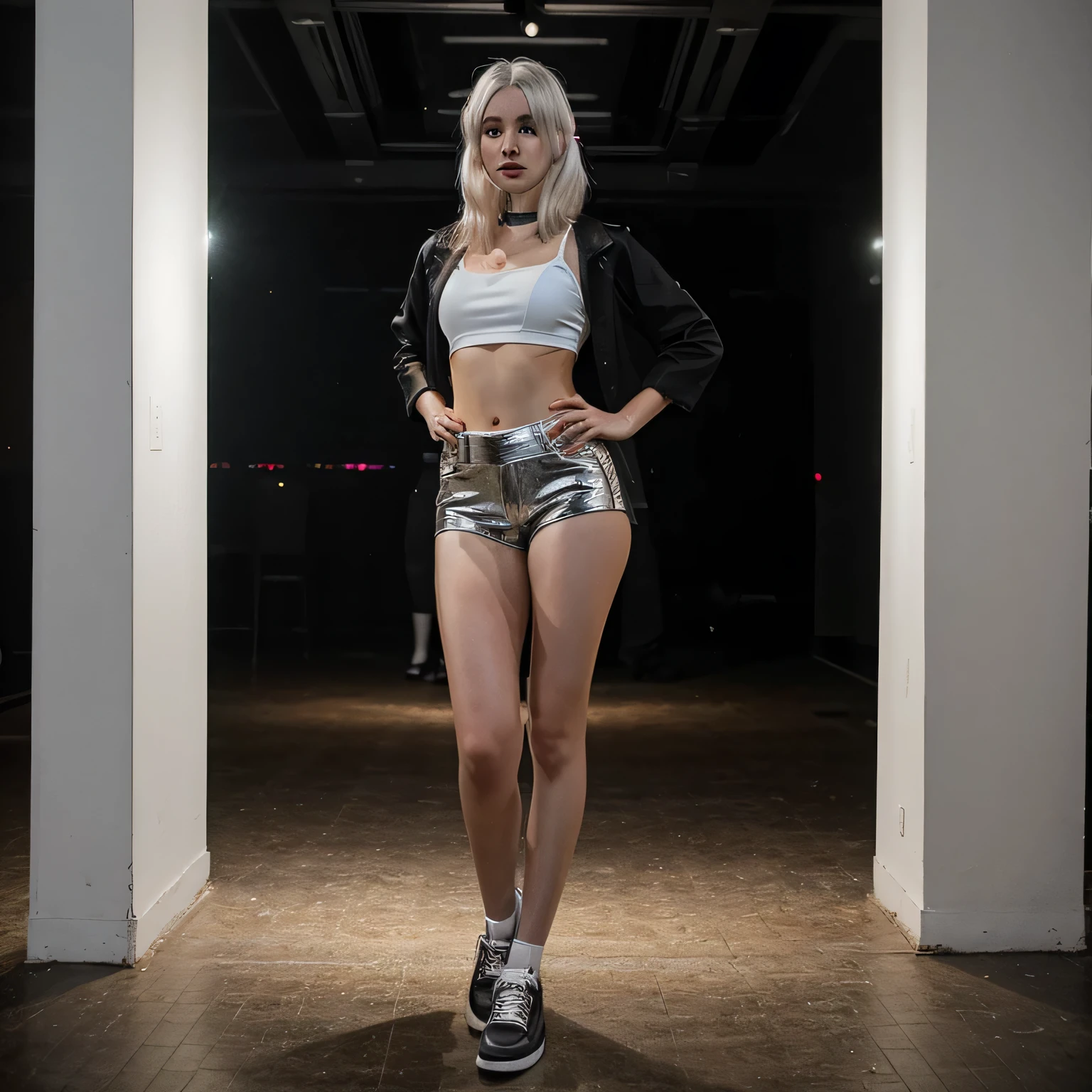 model, black berlin rave outfit, beautiful (white/silver hair), perfect face, photorealistic masterpiece:1.2., 20 years old, full body, standing alone in a club