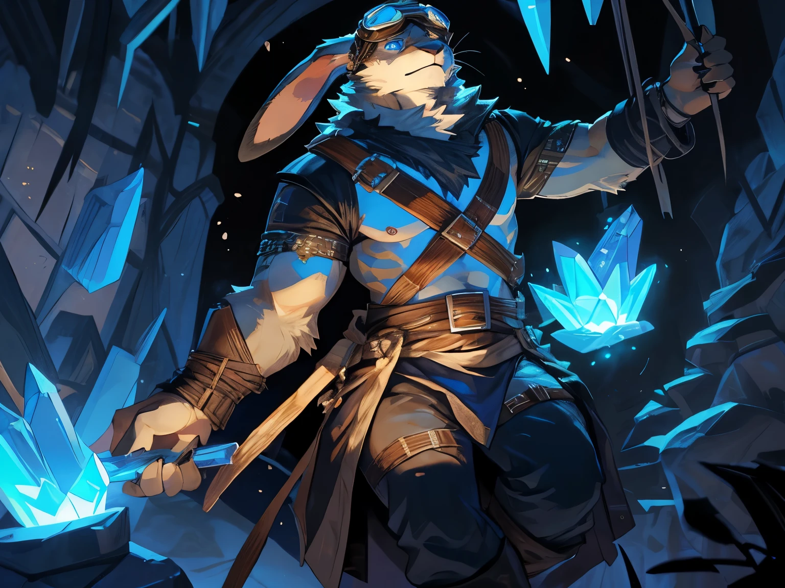 (detailed background:1.2),(blur background).(Magic Academy, Crystal Cave, adventurer, fantasy, explosive, bombs, Backlight, colorful gems, colorful Light), best quality, (best hands), high quality, shaded, (best eyes), (by darkgem, by sindenbock, by taran fiddler, by burnbuckie, by nezumi, by sindoll),(mature anthro rabbit male with average athletic build, thin torso:1.4), (realistic fur:0.1), (neck fluff, leg tufts:1.4), ((yellow fur)), ((looking at viewer)), (blue eyes, fluttering adventurer clothes, goggles:1.5), (crazy smirk, charming look, frown) sfw, solo, charming look, (very short build, short thin legs:1.5),((impactful composition)),(grabbing a rope)