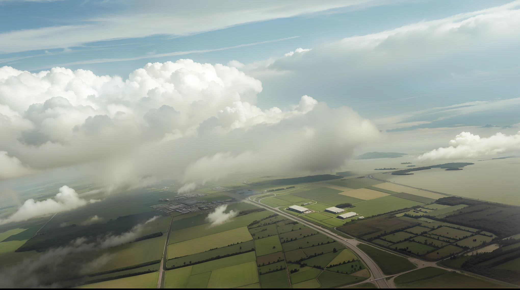 there is a plane flying over a large field with many clouds, hyper nuvens realistas, wlop e rhads, terras flutuantes nas nuvens, aerial view, nuvens gigantes, volumetric clouds and fog, nuvens retocadas, por Jon Coffelt, matte painting of steam engines, Background Air Battle, arte conceitual altamente realista, grandes nuvens, nuvens realistas