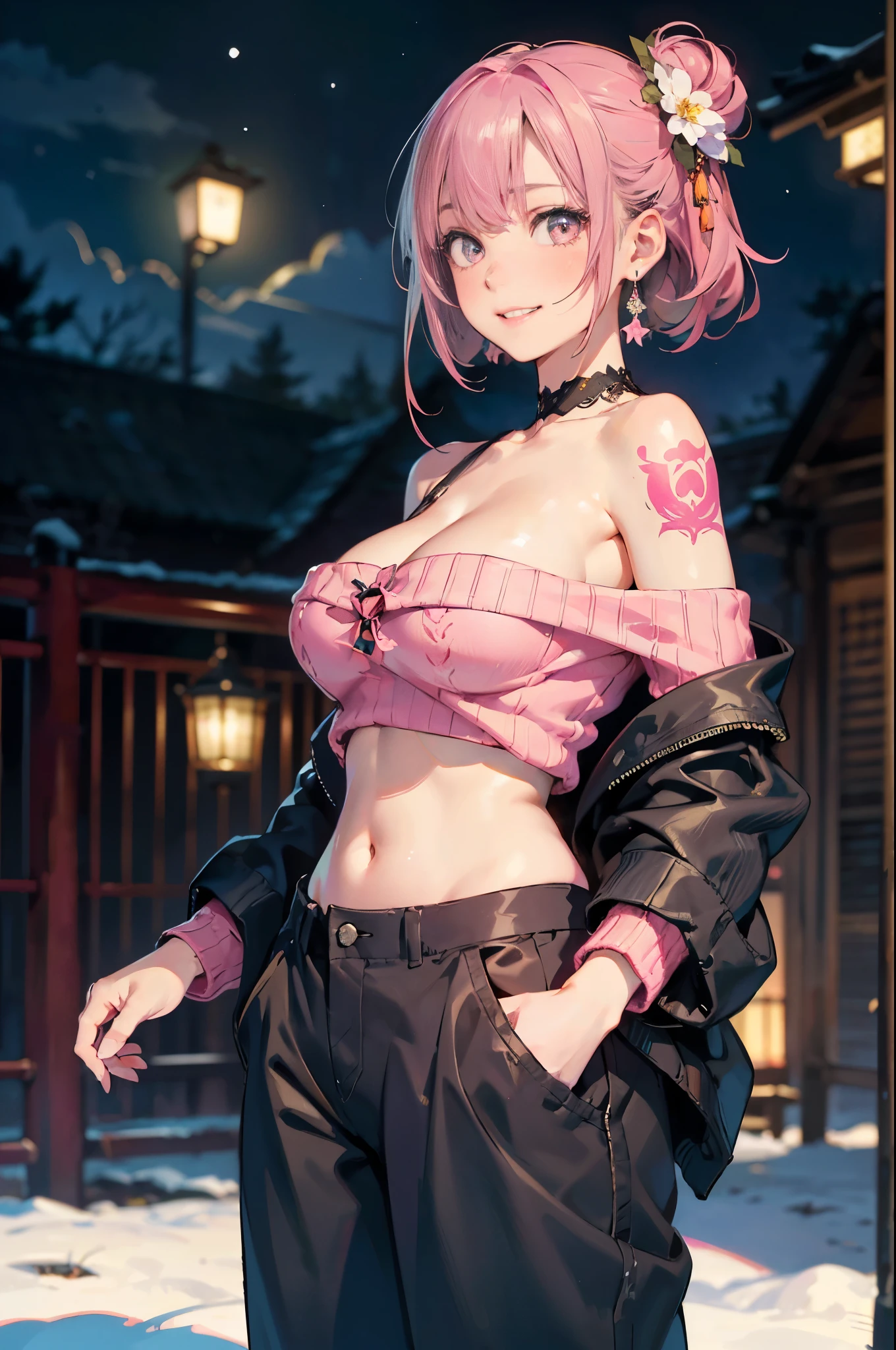 a 20 yo woman、Blackberry Hair、long twintail、Big smile、cleavage of the breast、Thighs at a glance、fishnet tights、＜Quality Improvement Prompt＞
＜Character appearance、Backgrounds and other prompts＞
BREAK (Pink Theme:1.4), (Vivid colors:1.3), (Pink Sweater:1.4), (long-sleeve:1.3), ((off shoulders, Navel, Stomach):1.3),
BREAK (Black theme:1.3), ((Black oversized pants, Black baggy pants):1.3), (Black Choker:1.2), (earrings:1.2), (lace-up boots:1.1),
＜expressioness、illuminating、Other Prompts＞(hi-top fade:1.3)、dark themed、Muted Tones、Subdued Color、highly contrast、(natural skin textures、Hyper-Realism、Soft light、sharp) (masutepiece, of the highest quality, Best Quality, Official art, Beautiful and aesthetic: 1.2), (1girl in: 1.3), Very detailed, (Fractal Art: 1.1), (Color: 1.1) (Flowers: 1.3), (By Yuko Higuchi:1.4), Yuko Higuchi,(posted by Yow:1.2),(linear art),Line drawing,Pen drawing,Zentangle,(Tattoo patterns:1.2),(complex lineasutepiece),(Best Quality:1.1), (Ultra-detailed),Best Illustration,finely detail,hand-drawn high quality,High contrast,(Clean lines:1.3),ligne claire,(Portrait),(very closeup:1.1),1 girl,Solo,The girl is wrapped in snow,(Intricate details:1.3),(Detailed background:1.2),(coloured background:1.1),sketch,Intricate details,High resolution，a moon，top-quality、8K、hight resolution、​masterpiece、(portlate:0.6)、A dark-haired、Middle hair、(grinning evily:1.3)、(Look at viewers:1.3)、(bokeh dof)、18year old、8K, masutepiece, (Photorealistic:1.5), Artistic portrait from behind ((Yakuza Girls) Wearing kimono), back tattoo, Revealing the tattoo on the back, (Dragon tattoo), Bare shoulders, huge-breasted,  Beautiful skin, Slim Fit Body, Cute face, nice appearance, look at viewr, Red hair in a bun with bangs, Foggy, Daylight, skyscapers, Clouds, Cozy and cool atmosphere, Dynamic lighting, natural, artistic，18-year-old girl Wahori skin, Yakuza, Japan Mafia, Background of Tokyo Red Light District, Realistic, Photoreal, masutepiece, Best Quality, Sexy with tattoos, Exotic, Ero