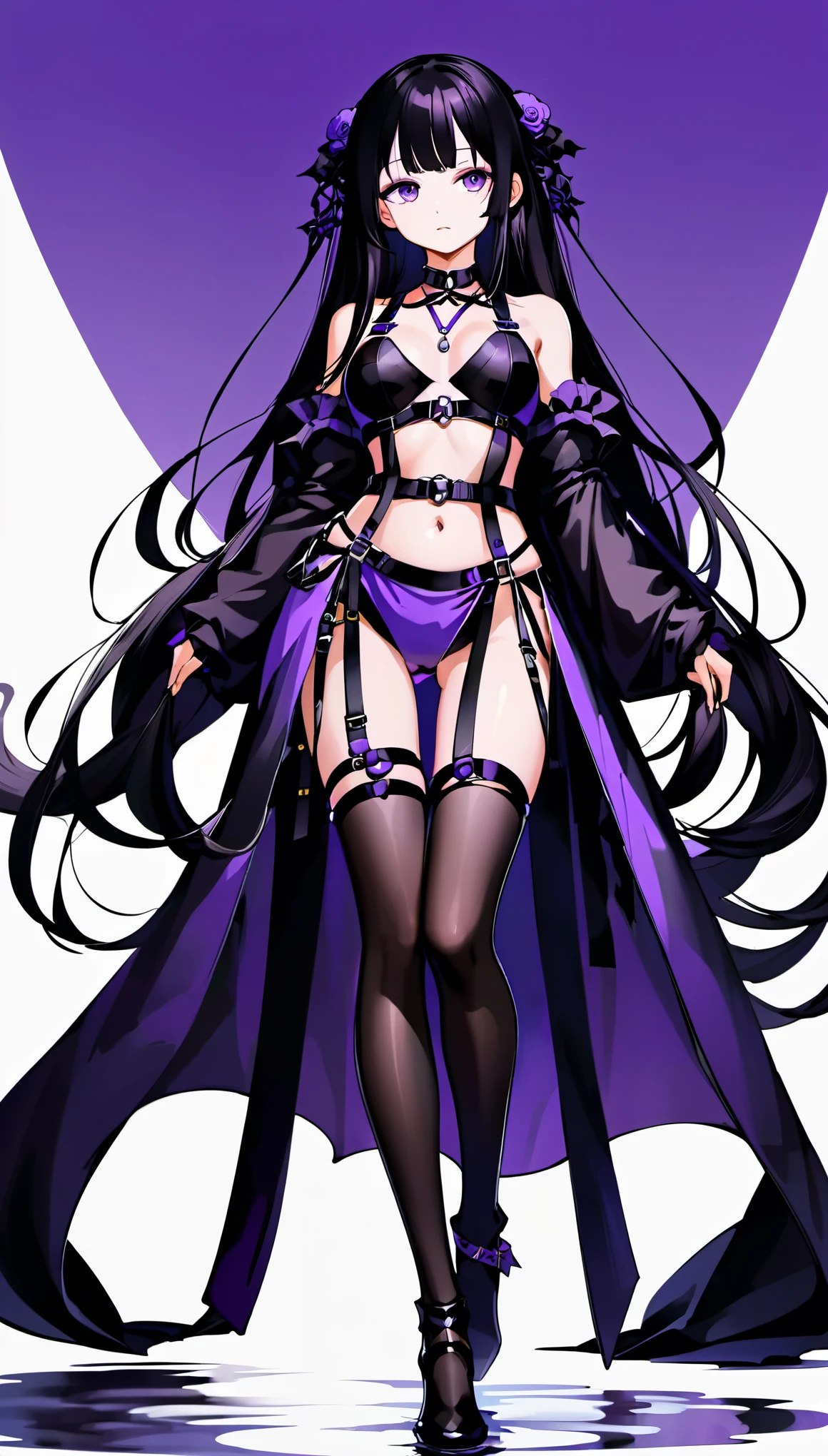 gothic costume、Harness、long hair、valley、Navel exposed、one piece、slit、belt、purple、black、perfect face、perfect hands、whole body、head to feet、arm to the side、upright、An illustration、anime、Two dimensions、beautiful girl