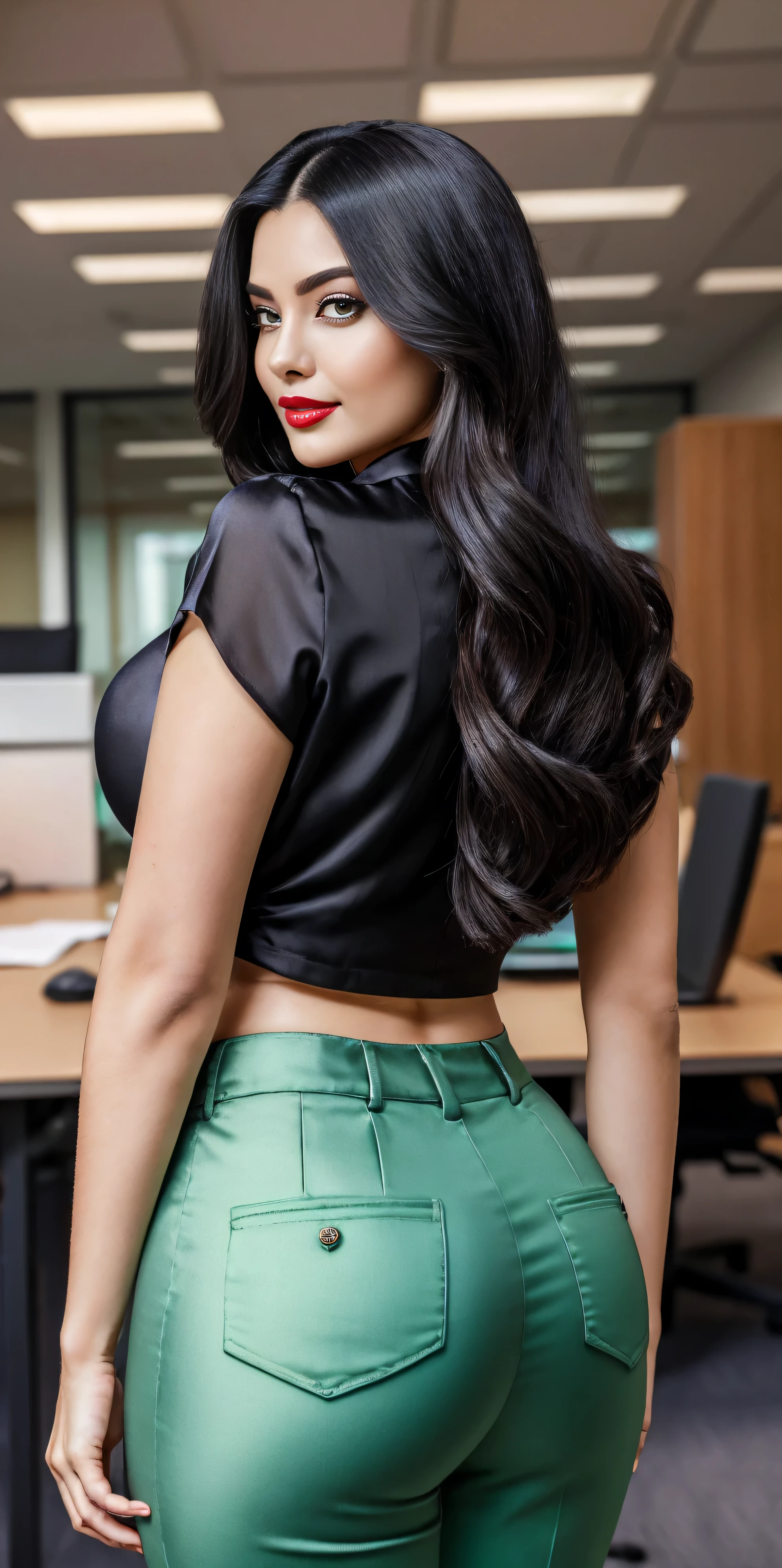 (best quality)), ((masterpiece)), (detailed), perfect face, Envision an art drawing of a female with dark black hair styled in a open free silky manner, her eyes adorned with smoky eyeshadow and dramatic eyeliner, formal office attire, black shirt and light green pants, seductive smile, her curves, huge breasts, slim waist, curvy figure, proportionate hips, huge breasts. Use a dimly light setting to enhance her mysterious charm. red lips, office ambience in background,