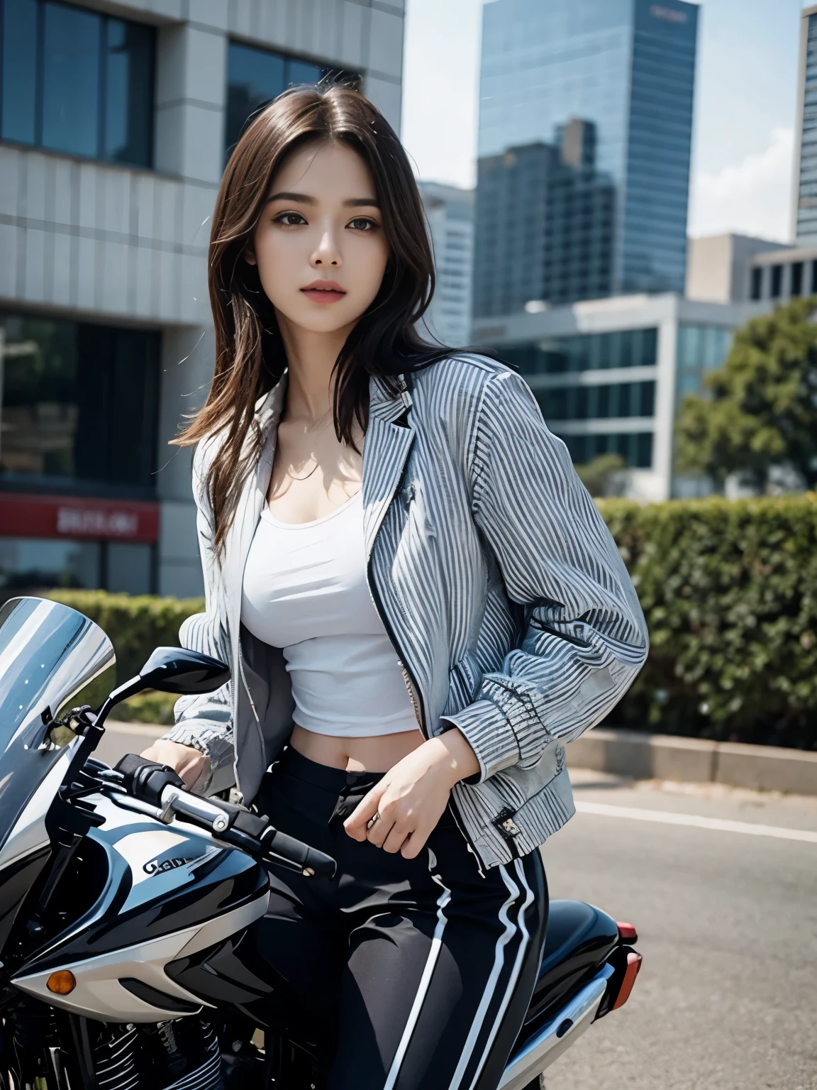  (realistic:1.5), 8k, Super delicate beauty, 1 girl, intricate body details, (short: 1.3), (highest quality: 1.0), (Super high sharpness: 1.0),（Beautiful and delicate depiction of eyes）,((((ride a motorcycle)))),unreal engine:1.4, photorealistic:1.4, skin texture:1.4, masterpiece:1.8,highest quality、smile、long limbs、((striped jacket and long pants))