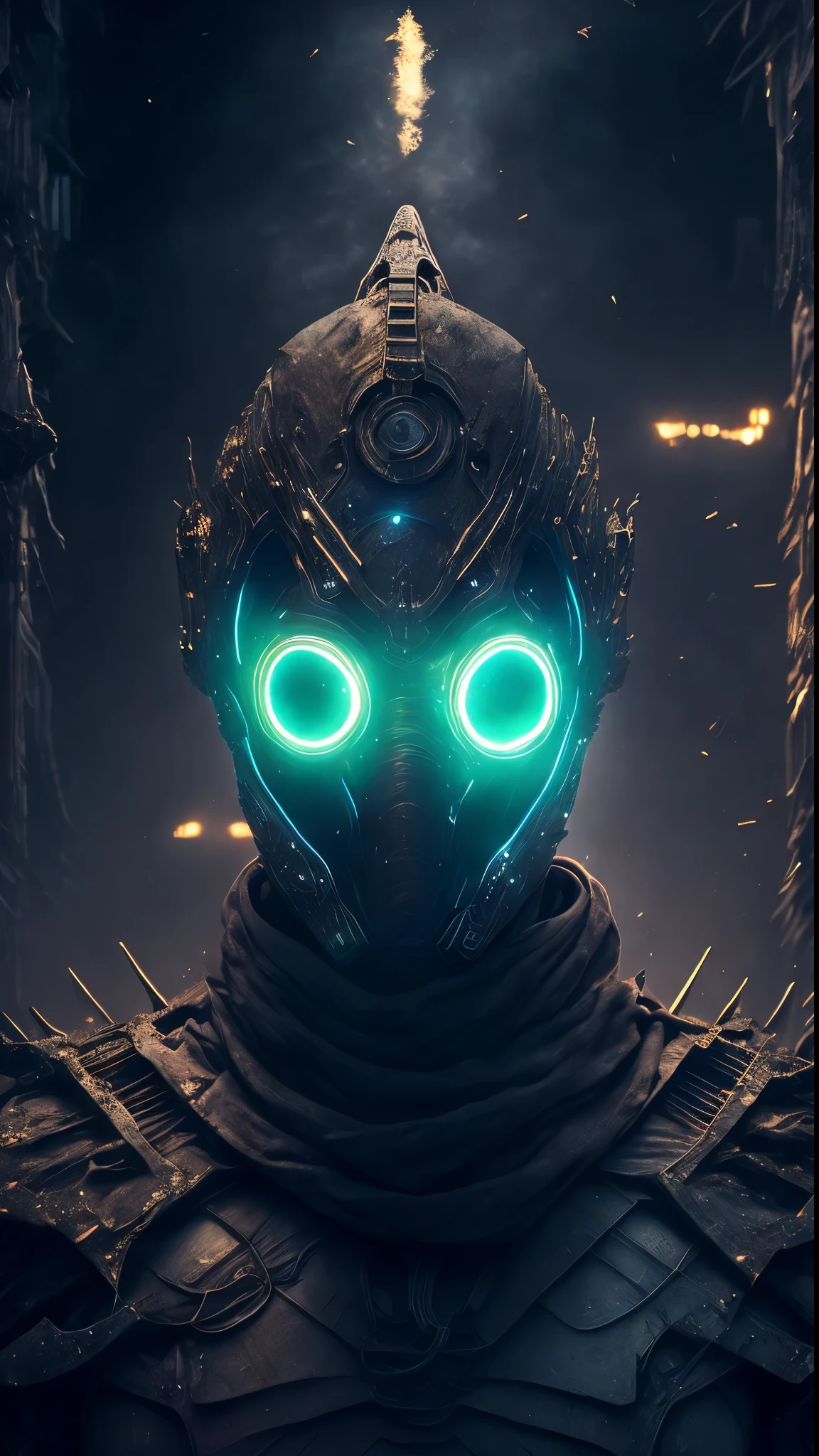 breathtaking cinematic science fiction photo of a portrait of a blackedout non-human masked Dark figure, ghost skin, body full of dust and glowing metrics inside, glowing  eyes, multifaceted eyes, metallic arms, inside a destroyed building with neon signs, extremely menacing creature, highly detailed, award-winning