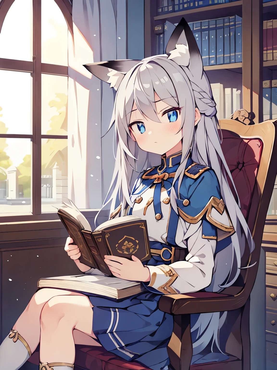 1girl, classical military uniform, beautiful long silver hair, radiant glowing blue eyes, cute face, short girl, inside library, posed, sitting on the chair , holding a book , short skirt, serious expression, looking at the windows, beside window, flats chest, reading a book, looking at the book, sulky face, Fox ears, Fox tail