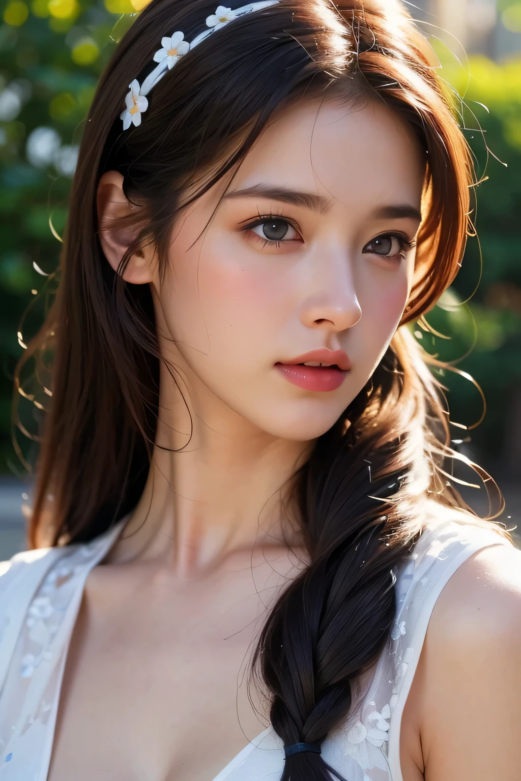 full_body,1girl, facial mix of phoebe cates, large breast, deep cleavage, no bra, (8k, RAW photo, best quality, masterpiece:1.2),(realistic, photo-realistic:1.37),illustration,an extremely delicate and beautiful,perfect female body,extremely detailed,photography,8k,Amazing,finely detailed,beautiful detailed eyes,best quality,ultra high res,((extremely detailed face)),(photo-realistic:1.37),(Floral_summer_dress:1.5),