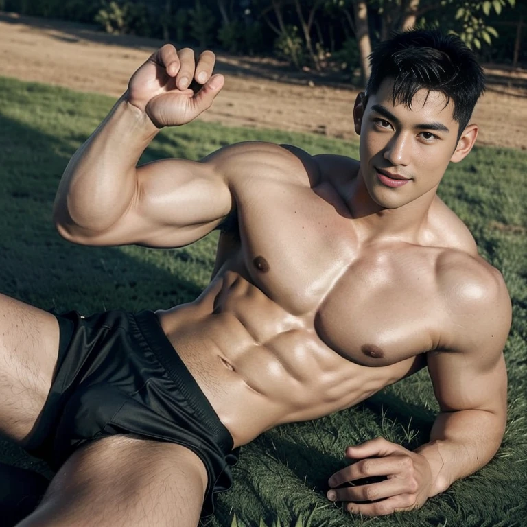Top quality, ultra high resolution, very detailed, (photorealistic: 1.4), dynamic angle, very handsome, perfect face, model shooting, full body, naughty 25 years old Japan man, shirtless, soccer socks, soccer pants, selfie, (aegyo sal: 0.2), perfect body, (blue shaved side hair: 1), smile, natural light, bare thighs , pov crotch , glans outside mouth