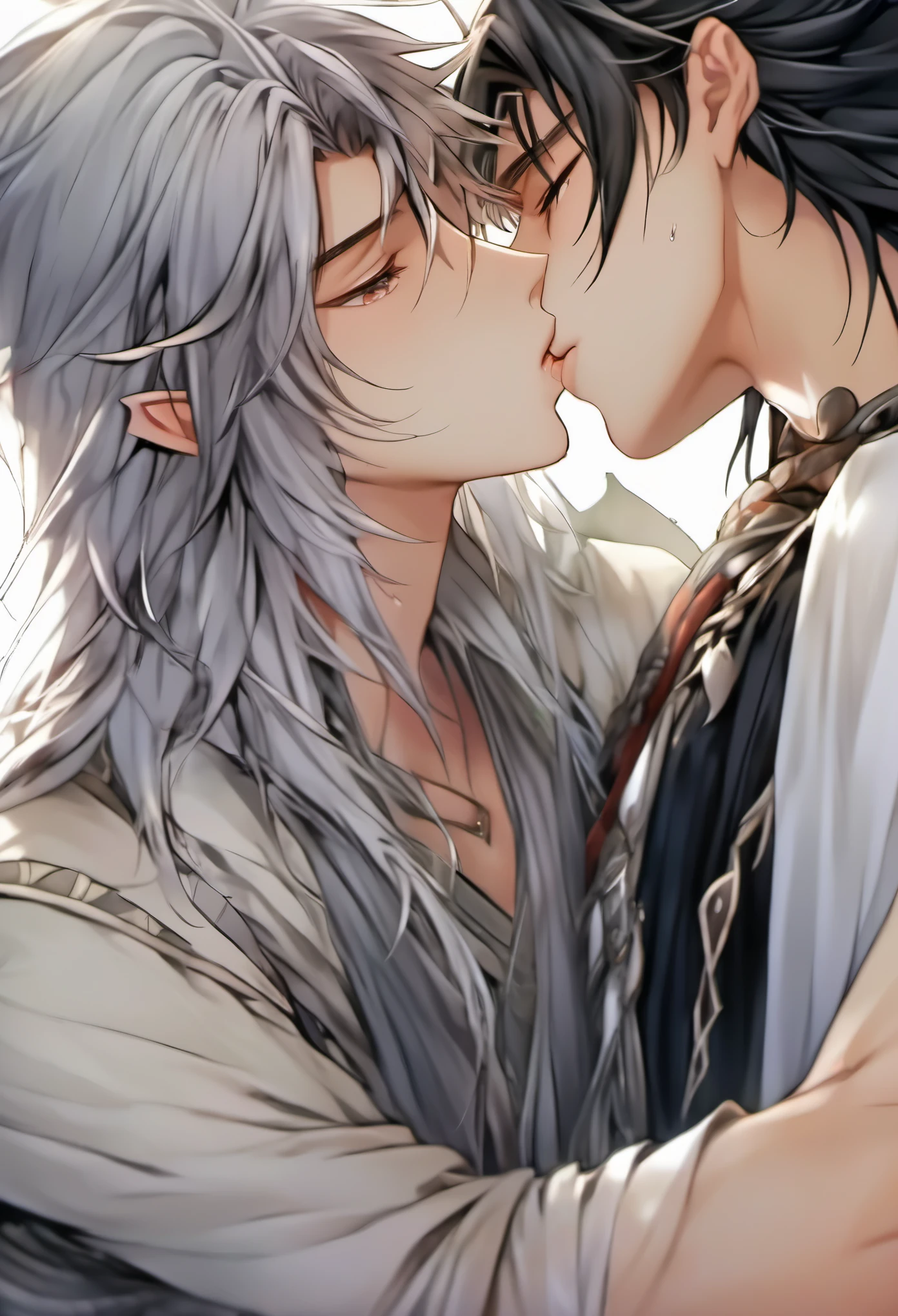 faraway view Stunning dark fantasy 20 year old anime male assassin, with long black hair grey eyes freckled skin, intimately kissing, a 20 year old male druid, handsome, with long white hair and grey eyes, shy looking lovingly into each others eyes, Dark fantasy romantic semirealistic manga comic style. Volumetric and dynamic lighting. Hyperdetailed photorealistic hyperrealistic maximalist masterpiece. perfect face and body,
