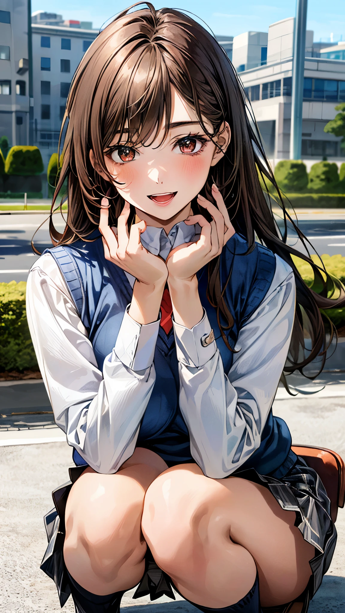 (masterpiece:1.3, top-quality), ultra high res, ultra detailed, (realistic, photorealistic:1.4), beautiful illustration, perfect lighting, colorful, depth of fields,
looking at viewer, (face focus, upper body), 1 girl, solo, hight school girl, gravure model, (large breasts:0.8, large ass, seductive thighs, skindentation),
(long hair:1.2, straight hair:1.2, (saddle-brown colored) hair), swept bangs, (brown) eyes, drooping eyes, big eyes, shiny skin, slender,
beautiful hair, beautiful face, extremely detailed face, beautiful detailed eyes, beautiful clavicle, beautiful body, beautiful chest, beautiful thigh, beautiful legs, beautiful fingers,
(detailed cloth texture, (navy knit vest), grey plaid tie, collared long sleeve white shirt, grey plaid pleated skirt), black socks, white panties,
(beautiful scenery), morning, (outdoors, cityscape in the distance), squatting, (seductive smile, upper eyes, open mouth small),