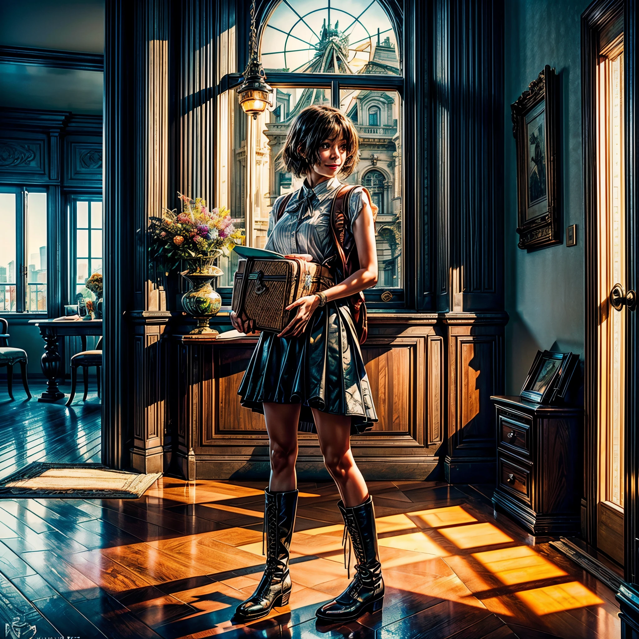 (epic Masterpiece, ultra highest quality, ulra highest resolution, ulra high-definition, distinct_image, very elaborate CG, cinematic lighting, ray tracing, drop shadows, detailed detail, (photorealistic: 1.4), ultra high quality textures, fine-grained, realistic face expression): (lone girl, face is Japan, brown short hair, small size breasts, sparkling eyes, Eye level shot, happy smile, beauty, slim body, holiday, own room, console game, computer, display, keyboard, mouse, long leather skirt, collared shirt, leather vest, handgun holder, carrying leather bag on your back, long boots, antique radio, coffee, model train, bookshelf, spacious chair, Pots, fans, paintings, stuffed animals, ties, notebooks, stationery, vases, photo frames, letters, fountain pens, calendars, lamps, cushions, baskets, mirrors reflecting in profile, candles, newspapers, sweets, city view outside the window, telephone, fruit) varied multi etc. --v 6 --s 1000 --c 20 --q 20 --chaos 100