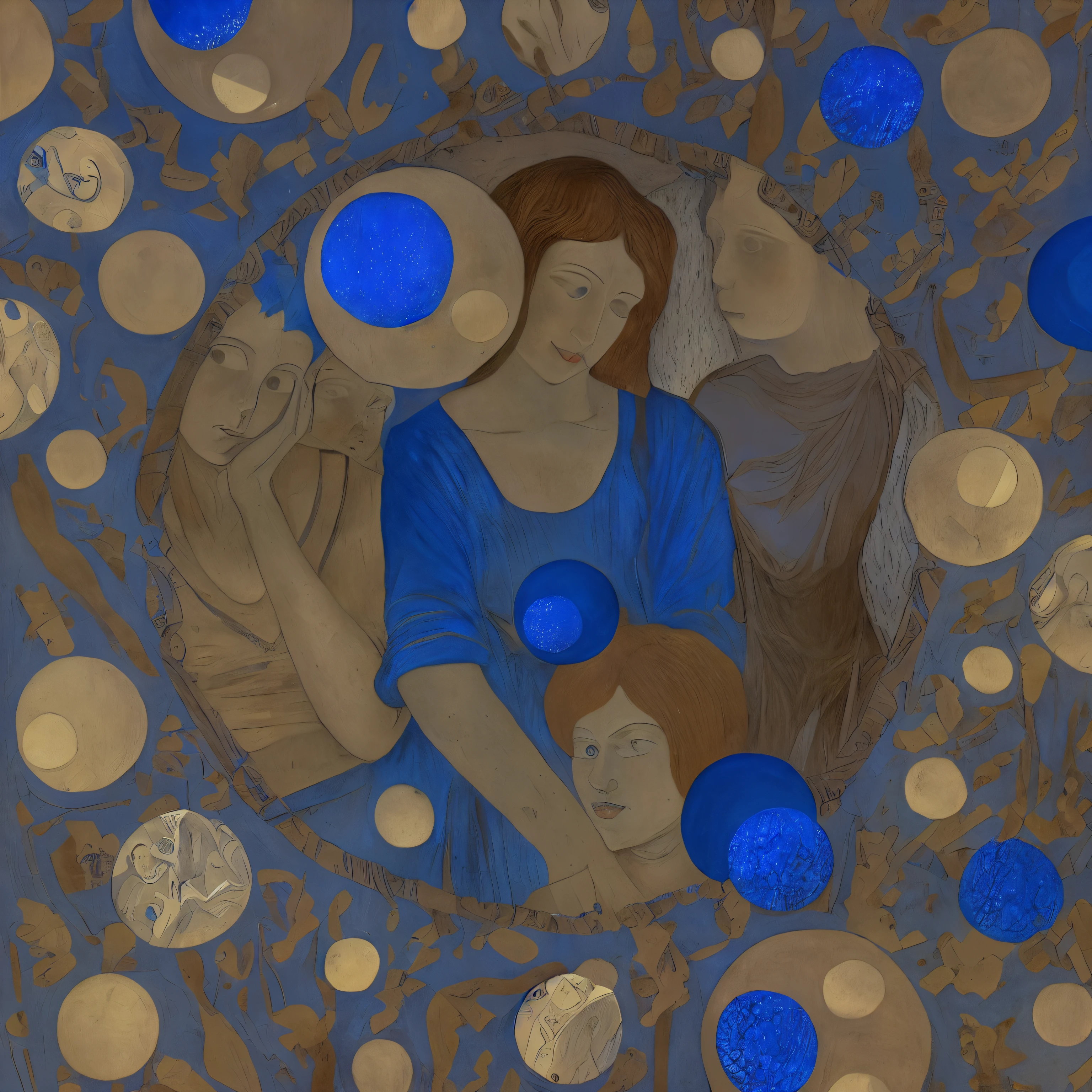 painting azul, of a woman and two children in a circle with circles, inspired by Felice Casorati, inspired by Pietro Lorenzetti, inspired by Richard Dadd, azul inspired by Maurice Denis, azulinspired by Konstantin Westchilov, inspired by Candido Portinari, triad of muses, inspired by Ford Madox Brown, three women azul