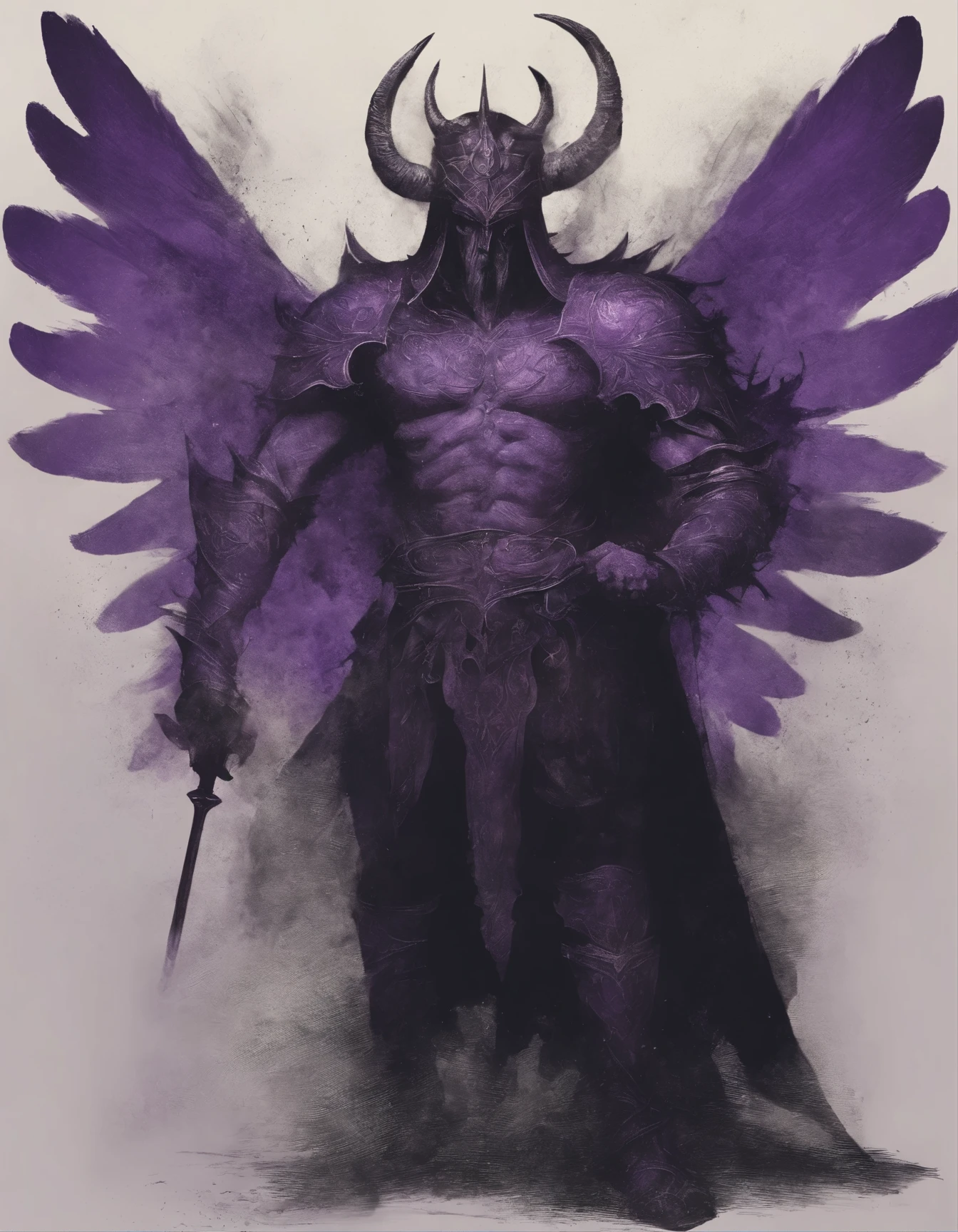 A large dark room with a large cloud of gray smoke that darkens the room even more.  Sentado no trono no centro da sala uma silhueta de um homem, cabelos pretos. His eyes shone through the smoke. Behind his throne the right was " beruzz " his large soldier ant that looked like a man with wings and skin that looked like it was made of steel. Ao seu lado esquerdo estava " belion " seu grande general, um soldado de 3 metros de altura com sua armadura preta e capacete com grandes chifres. From the feet of the man sitting on the throne came a large purple smoke that spread throughout the room and seemed to merge with his soldiers.