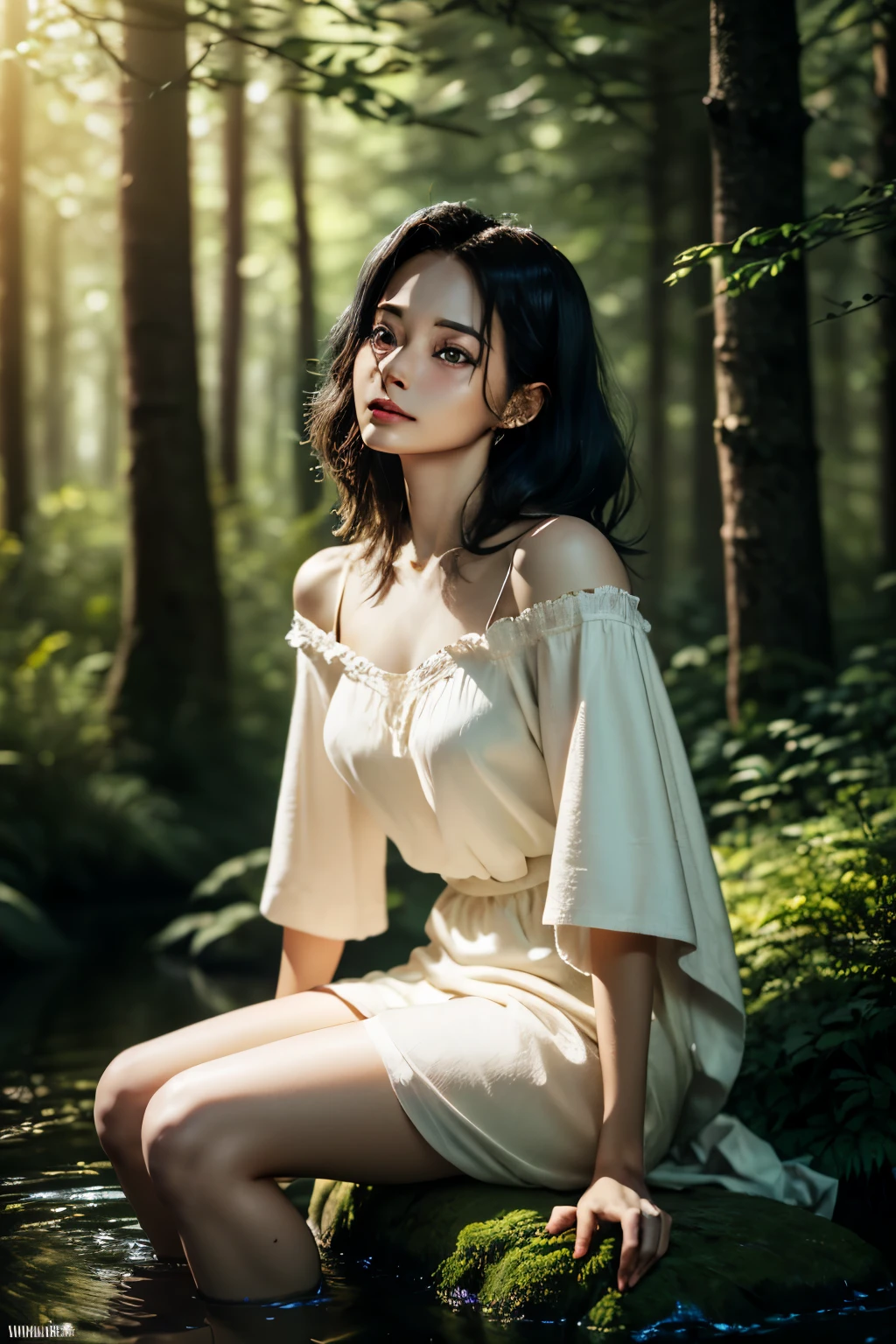full body, "({{1girl:1.1}} {{straight black hair:1.2}}), (artistic + masterpiece:1.4), (incredibly detailed eyes), wearing medieval long cotton nightie clothes)", Drenched hair，The background is a forest, sunset，Lazy expression, Masterpiece: 1.3), (8k, Photorealistic, Photo RAW, Best quality: 1.4), (UHD), (Ultra high realism), (Ultra high definition), (Ultra high detail), (Increase contrast), (Increase saturation), Cute face, Beautiful face, (Realistic face), Beautiful hairstyle, Realistic bright amber eyes, Beautiful details, (Realistic skin), Pale, smooth and luminous skin with iridescent shine and no imperfections, Ultra high definition, Ultra realistic, Highly detailed, (Cleavage: 0.8), sitting on a rock, feet in the water, (masterpiece, best quality, award winning, highres), skinny, intricate and beautiful design, highly detailed beautiful face, super detailed beautiful eyes, light smile, sitting near stream, forest, leaves flow, windy, sun lights through forest, fantasy art, dynamic lighting, cinematic lighting, hyper realistic, extremely CG detail, octane render, (natural skin texture, hyperrealism, soft light, sharp:1.2)