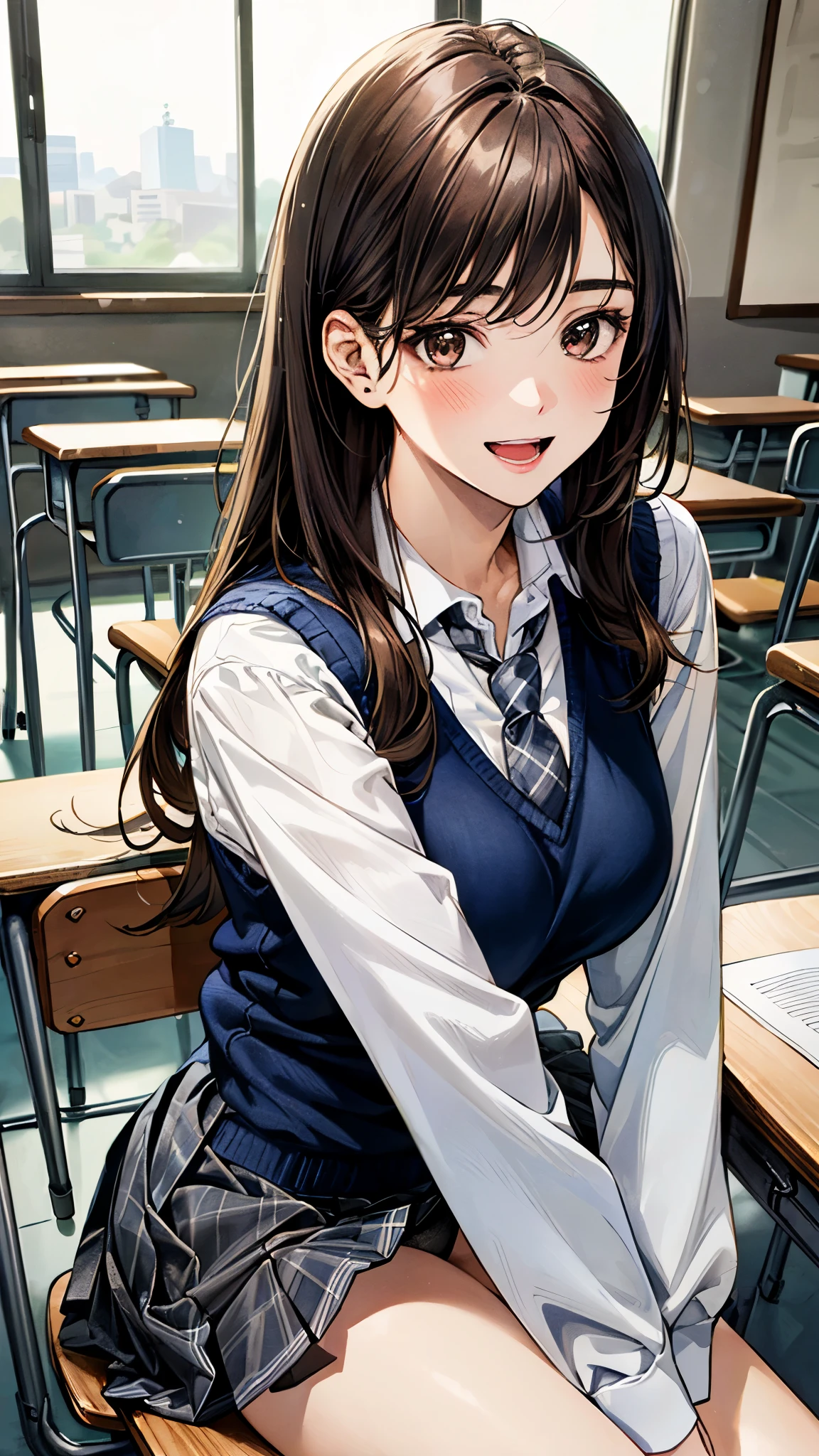 (masterpiece:1.3, top-quality, ultra high res, ultra detailed), (realistic, photorealistic:1.4), beautiful illustration, perfect lighting, natural lighting, colorful, depth of fields, surrealism,
beautiful detailed hair, beautiful detailed face, beautiful detailed eyes, beautiful clavicle, beautiful body, beautiful chest, beautiful thigh, beautiful legs, beautiful fingers, shiny skin, babyface,
looking at viewer, (), 1 girl, japanese, high school girl, (perfect anatomy, anatomically correct, super detailed skin), cute and symmetrical face, perfect face, perfect eyes,
(long hair, (two side up), straight hair, sandy beige hair), asymmetrical bangs, blue eyes, big eyes, long eyelashes, (large breasts:1.2, seductive thighs), slender, outstanding style,
((detailed cloth texture, break,break, white collared shirt, break,break, navy blue suit vest, break,break, blue plaid pleated skirt, break,break, blue bow tie), black pantyhose, loafer),
(beautiful scenery), evening, (school classroom), sitting, (lovely smile, upper eyes, open mouth),