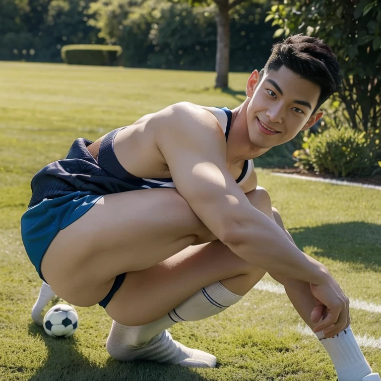 Top quality, ultra high resolution, very detailed, (photorealistic: 1.4), dynamic angle, very handsome, perfect face, model shooting, full body, naughty 25 years old Japan man, shirtless, soccer socks, soccer pants, selfie, (aegyo sal: 0.2), perfect body, (blue shaved side hair: 1), smile, natural light, bare thighs , m-shaped legs , spread your ass
