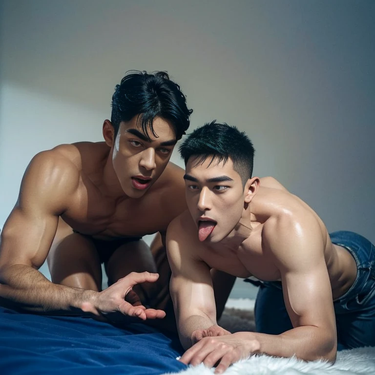 Top quality, ultra high resolution, very detailed, (photorealistic: 1.4), dynamic angle, very handsome, perfect face, model shooting, full body, naughty 25 years old Japan man, shirtless, selfie, (aegyo sal: 0.2), perfect body, (blue shaved side hair: 1), natural light, ahegao, tongue out , 2 boys kneeling , all fours