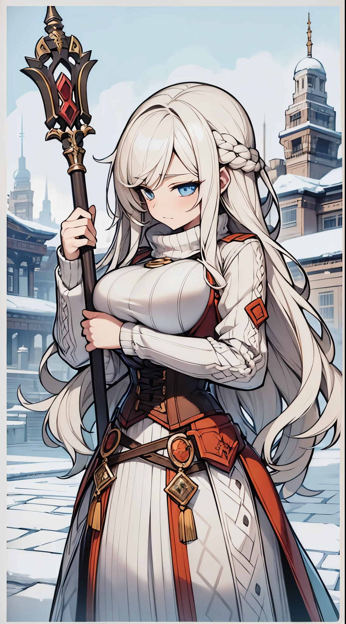 Mature woman:1.4, (Winter sweater:1.2 , corset:1.2) , long armored skirt:1.2, huge breasts, fantasy, snowy temple background, praying pose, metal staff, blonde hair, bright blue eyes 