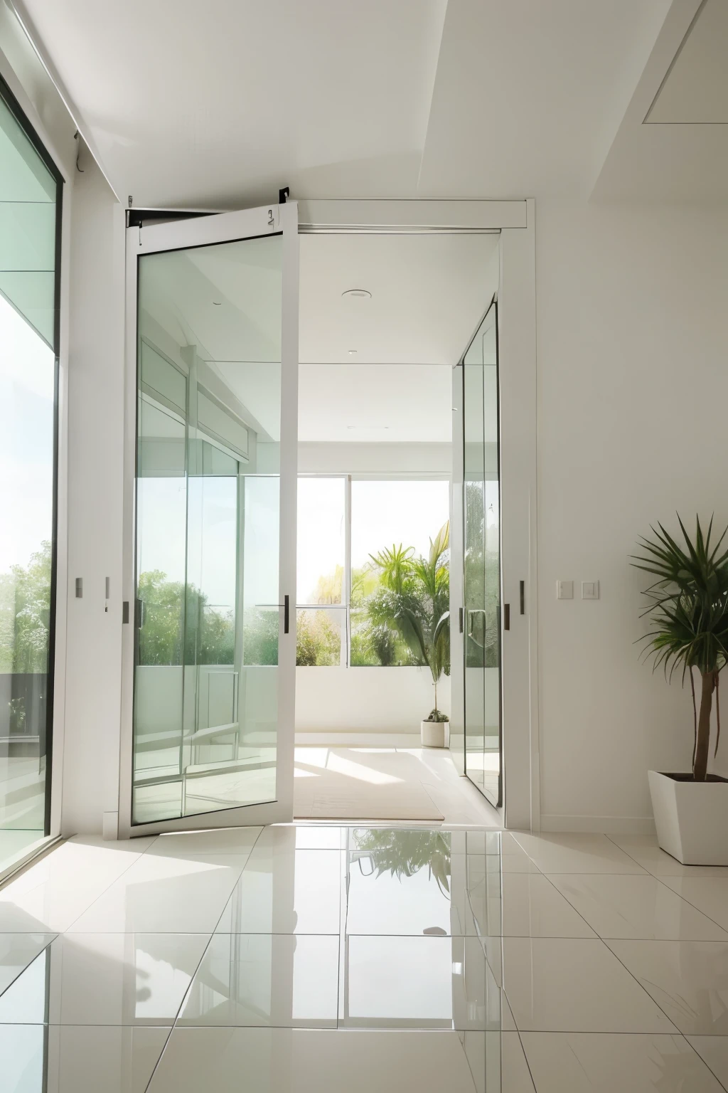 ((best quality)), ((masterpiece)), (detailed),

a photo of a square room where you are exactly in front of a glass wall that extend to the top creating a transparent ceiling, in that way the sky and the trees outside are visibile. At the center of the room there's a huge pot with plants surrounded by 3 poufs and a dog. On the left wall there's a huge sliding door made in glass. The right wall is glossy white painted.