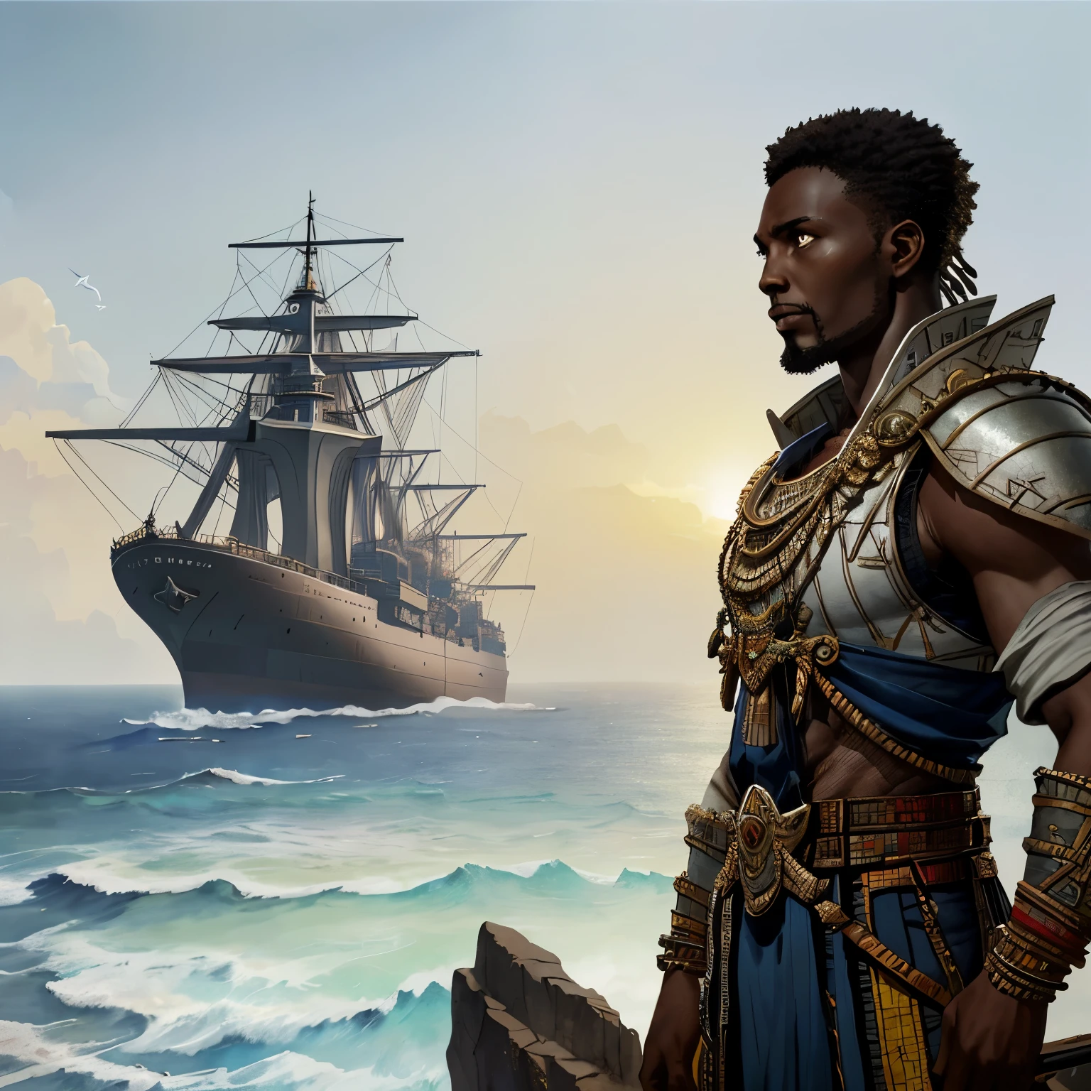 a African warrior standing on a cliff at the coast of ghana, looking at ships sealing away, Watercolor, trending on artstation, sharp focus, studio photo, intricate details, highly detailed, by greg rutkowski, Watercolor, trending on artstation, sharp focus, studio photo, intricate details, highly detailed, by greg rutkowski