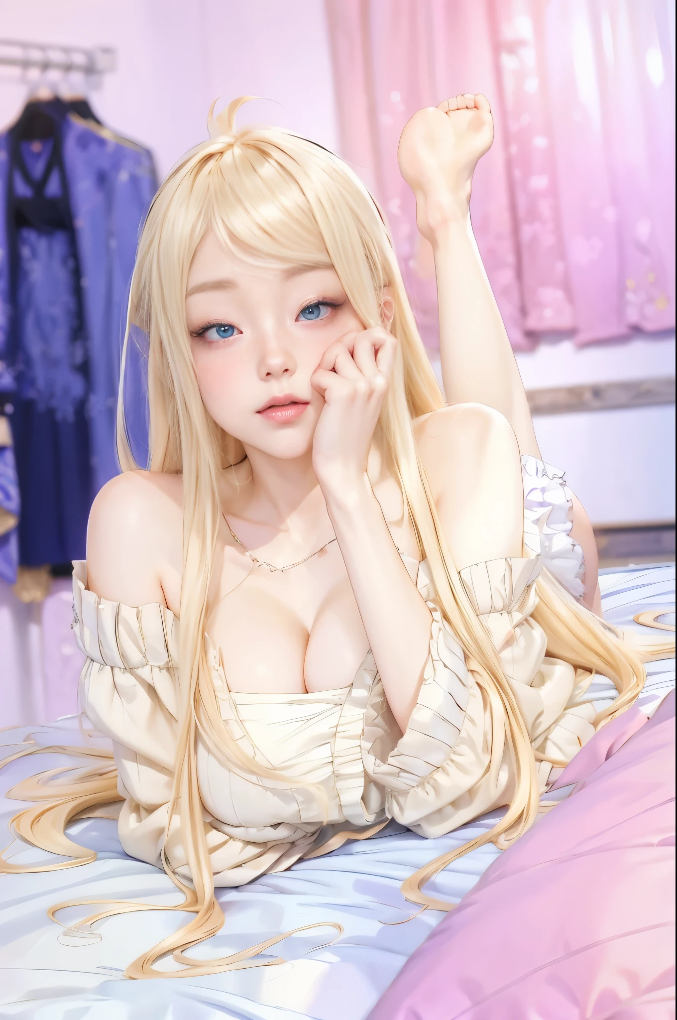 blond haired girl laying on bed with blue eyes and long blond hair, blonde anime girl with long hair,  in dress, smooth anime cg art, guweiz, artwork in the style of guweiz, seductive anime girl, pixiv 3dcg, realistic anime 3 d style, made with anime painter studio, digital art on pixiv