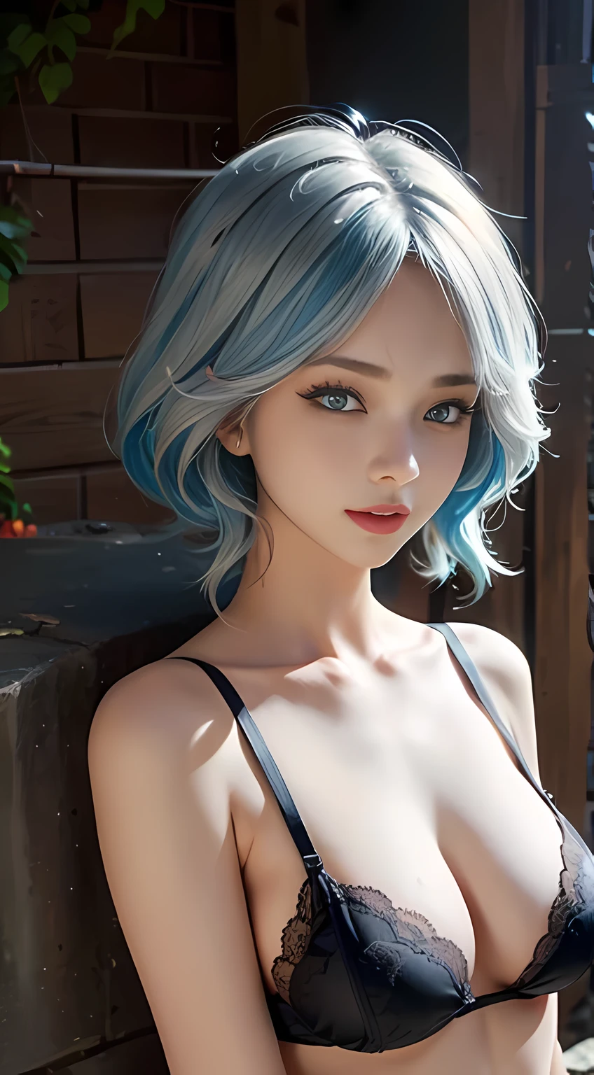 German woman in lingerie posing against stone wall, lace underwear big breasts, White lace petticoat, Lacey, wearing sexy lingerie, , Complex body, with beautiful exotic, scantily clad, , blue hair and perfect body, blue eyes,scantily clad, scantily clad!!, Sexy , Beautiful and detailed body and face, beautiful body, Thin black underwear