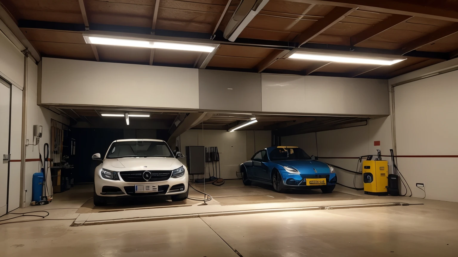 Crie uma imagem detalhada de dois homens instalando um (eletroposto 1.7) em uma garagem de uma casa de luxo. A casa tem uma arquitetura moderna e elegante, with a spacious garage. Highlight your garage entrance with a high-quality automatic door. Both men are dressed professionally, equipados com ferramentas especializadas. They are engaged in the careful installation of the electrostation, garantindo que esteja perfeitamente integrado ao ambiente. Certifique-se de incluir detalhes realistas, like electrical cables being connected, the safe fixing of the electrical station on the wall and the presence of safety equipment. The lighting in the garage must be adequate to highlight the electrical station installation, with a balance between natural and artificial light. Consider adding design touches to the garage, like stylish wall coverings and impeccable flooring. Para transmitir a ideia de luxo, inclua carros de alta gama na garagem, highlighting the perfect integration of the charging station with the sophisticated atmosphere. Make sure to capture efficient cooperation between the two men during the installation process, highlighting the precision and professionalism in your approach. Adicione detalhes visuais, like subtle sparks or wires being connected, to emphasize the action of the installation. This will provide a visually appealing and authentic representation of the installation of an electric station in a luxury garage.. Os carros se assemelham SUV's da mercedes, porsche, bmw