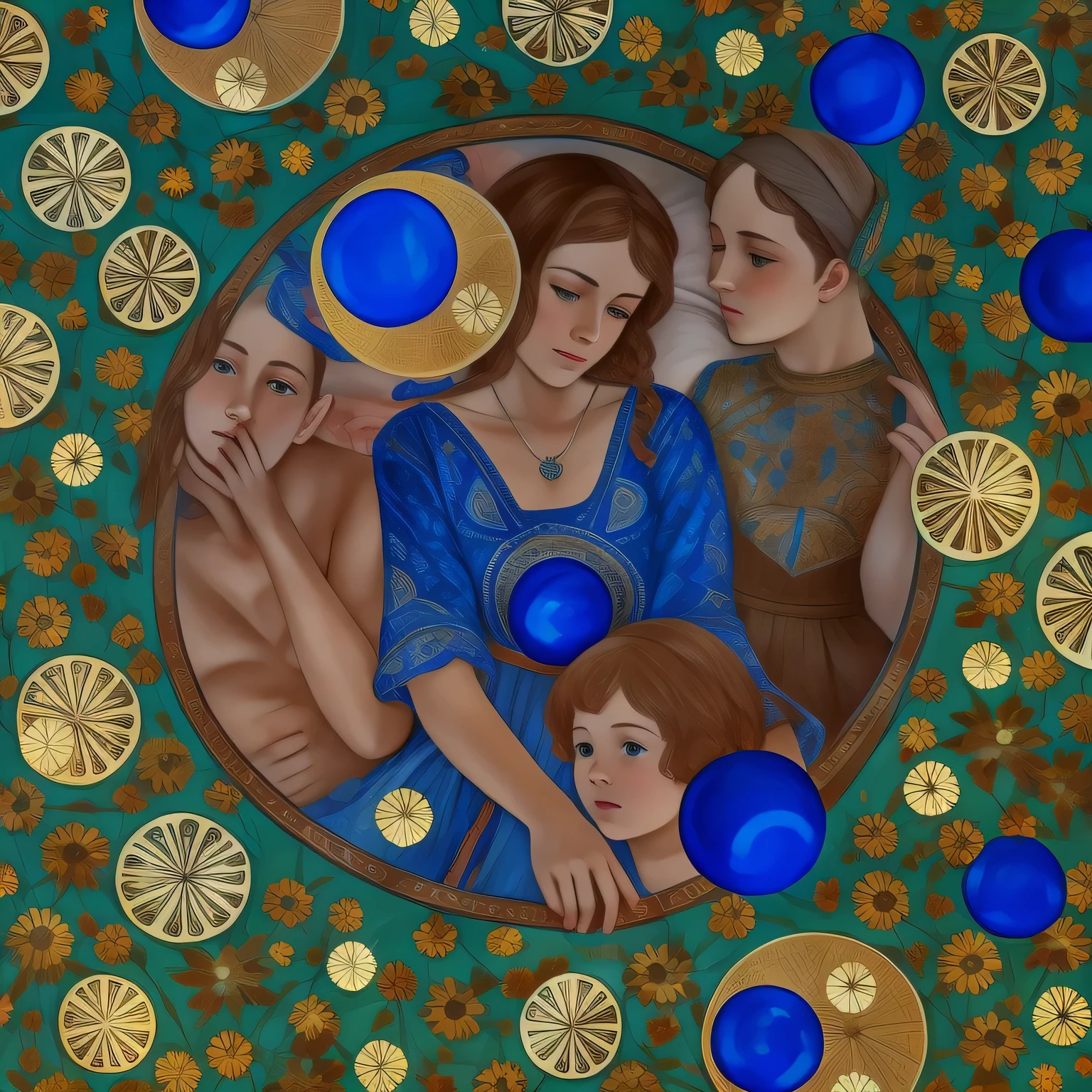 painting of a woman and two children in a circle with blue balls, sergey zabelin, alexandra fomina, sergey vasnev, by Anna Füssli, masha krasnova, inspired by Pierre Puvis de Chavannes, sergey krasovskiy, alexey egorov, james jean andrei riabovitchev, anton fedeev, azul