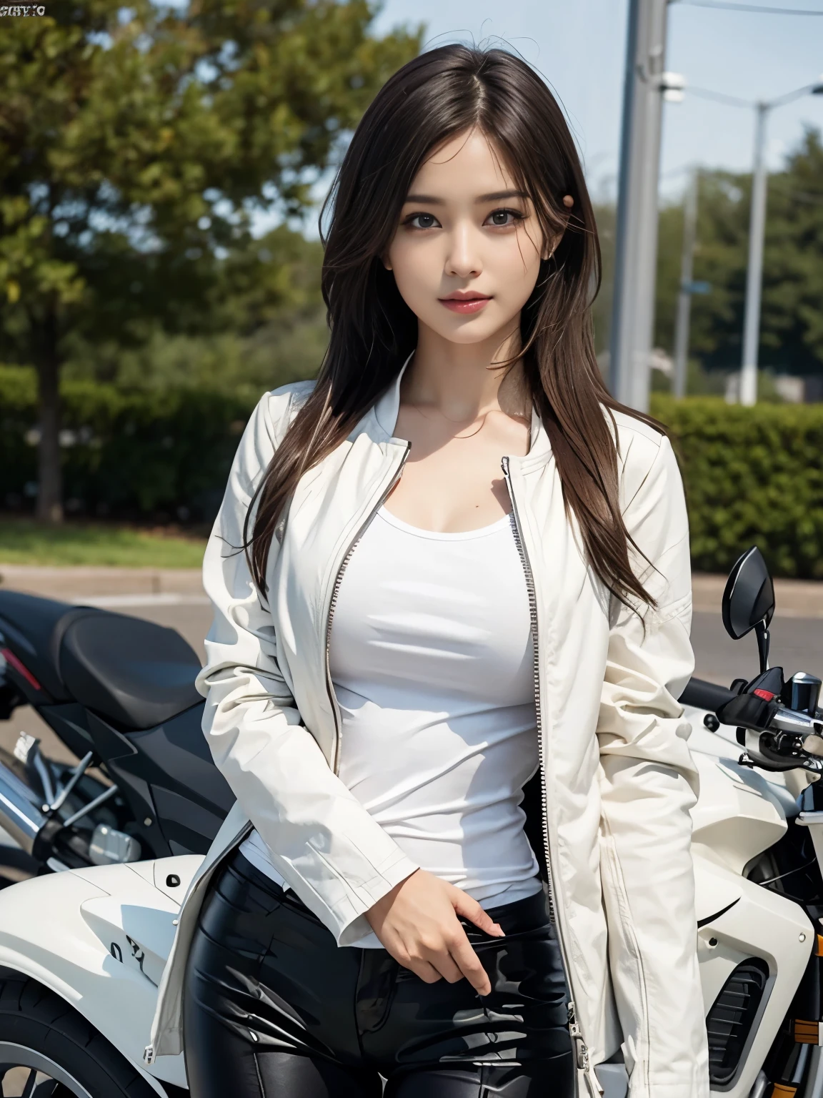  (realistic:1.5), 8k, Super delicate beauty, 1 girl, intricate body details, (short: 1.3), (highest quality: 1.0), (Super high sharpness: 1.0),（Beautiful and delicate depiction of eyes）,((((ride a motorcycle)))),unreal engine:1.4, photorealistic:1.4, skin texture:1.4, masterpiece:1.8,highest quality、smile、long limbs、((cloth jacket and long pants))