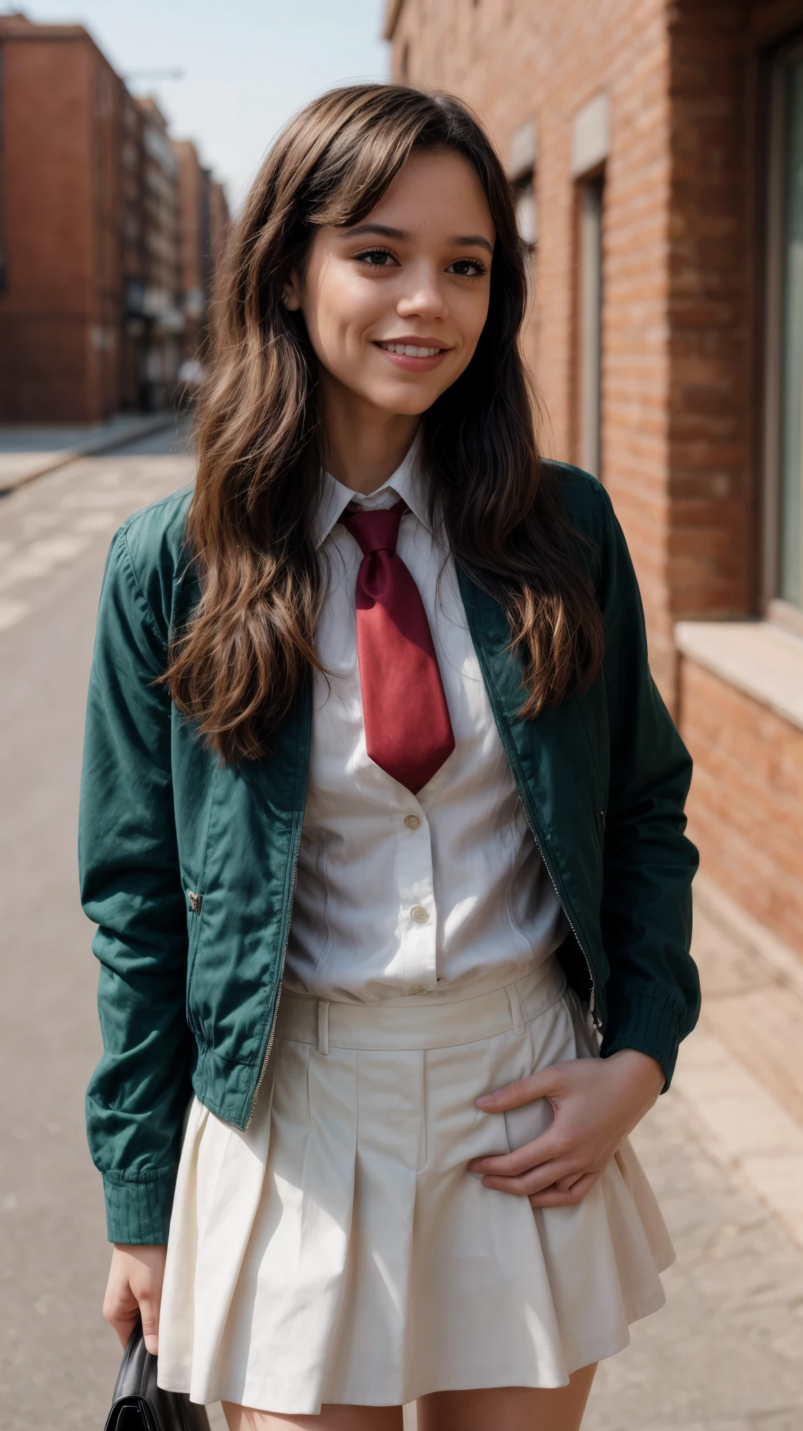 jortega:1.5, ((Masterpiece, best quality, cinematic lighting, 8k, full body shot, long hair), smile:0.85, realistic background, green jacket, white shirt, pleated skirt, neck tie, school dress)