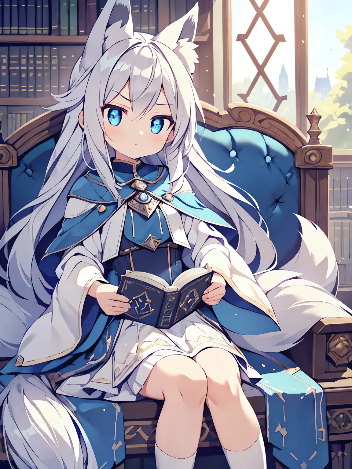 1girl, mage outfit, beautiful long silver hair, radiant glowing blue eyes, cute face, inside library, posed, sitting on the chair , holding a book ,serious expression,  looking at the windows, beside window, flats chest, reading a book, looking at the book, sulky face, Fox ears, Fox tail,  short skirt, wearing helmet 