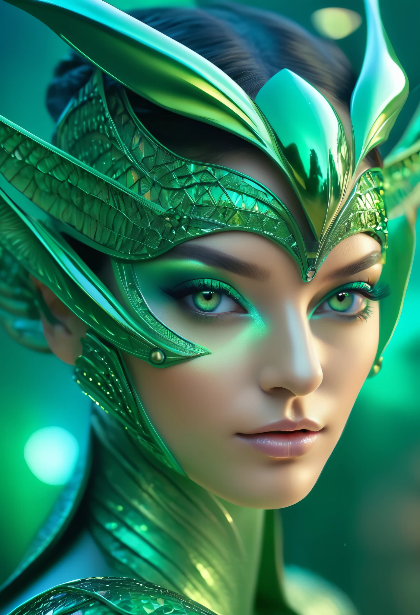 (best quality,4k,8k,highres,masterpiece:1.2),ultra-detailed,(photorealistic,photo-realistic:1.37),A beautiful female with compound eyes that look like the eyes of a praying mantis,futuristic,hi-tech, super detailed natural-looking pale skin, emerald-green compound eyes, exquisite,detailed face features,piercing eyes,long eyelashes and sharp angles,sculptural facial structure,innovative fashion style,metallic,shimmering make-up,glowing eyeliner,ornate futuristic jewelry,elaborate headpiece,feathers and metallic elements,ethereal background with floating holographic particles,controlled lighting with soft highlights,bluish-green color scheme,otherworldly atmosphere.